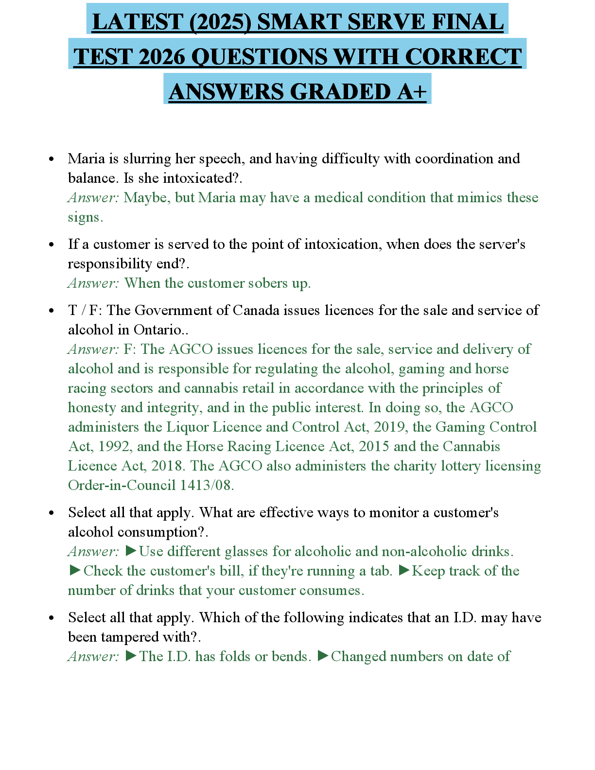 Recommended document preview for LATEST (2025) SMART SERVE ACTUAL EXAM PAPER 2026 QUESTIONS WITH ANSWERS GRADED A+