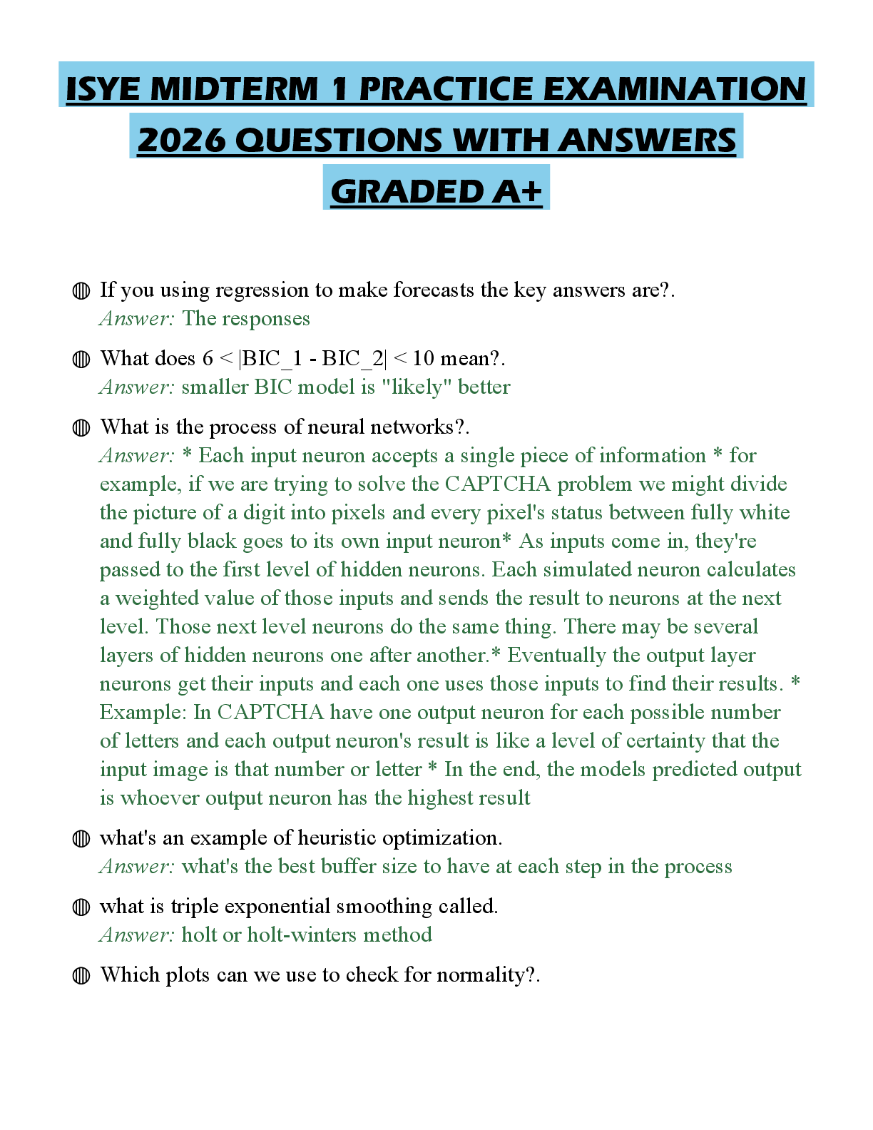 Recommended document preview for ISYE MIDTERM 1 PRACTICE EXAMINATION 2026 QUESTIONS WITH ANSWERS GRADED A+