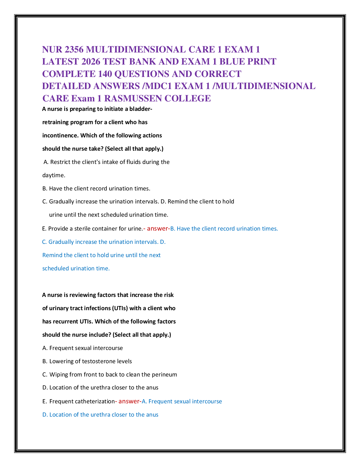 Recommended document preview for NUR 2356 MULTIDIMENSIONAL CARE 1 EXAM 1   LATEST 2026 TEST BANK AND EXAM 1 BLUE PRINT   COMPLETE 140 QUESTIONS AND CORRECT   DETAILED ANSWERS /MDC1 EXAM 1 /MULTIDIMENSIONAL  CARE Exam 1 RASMUSSEN COLLEGE