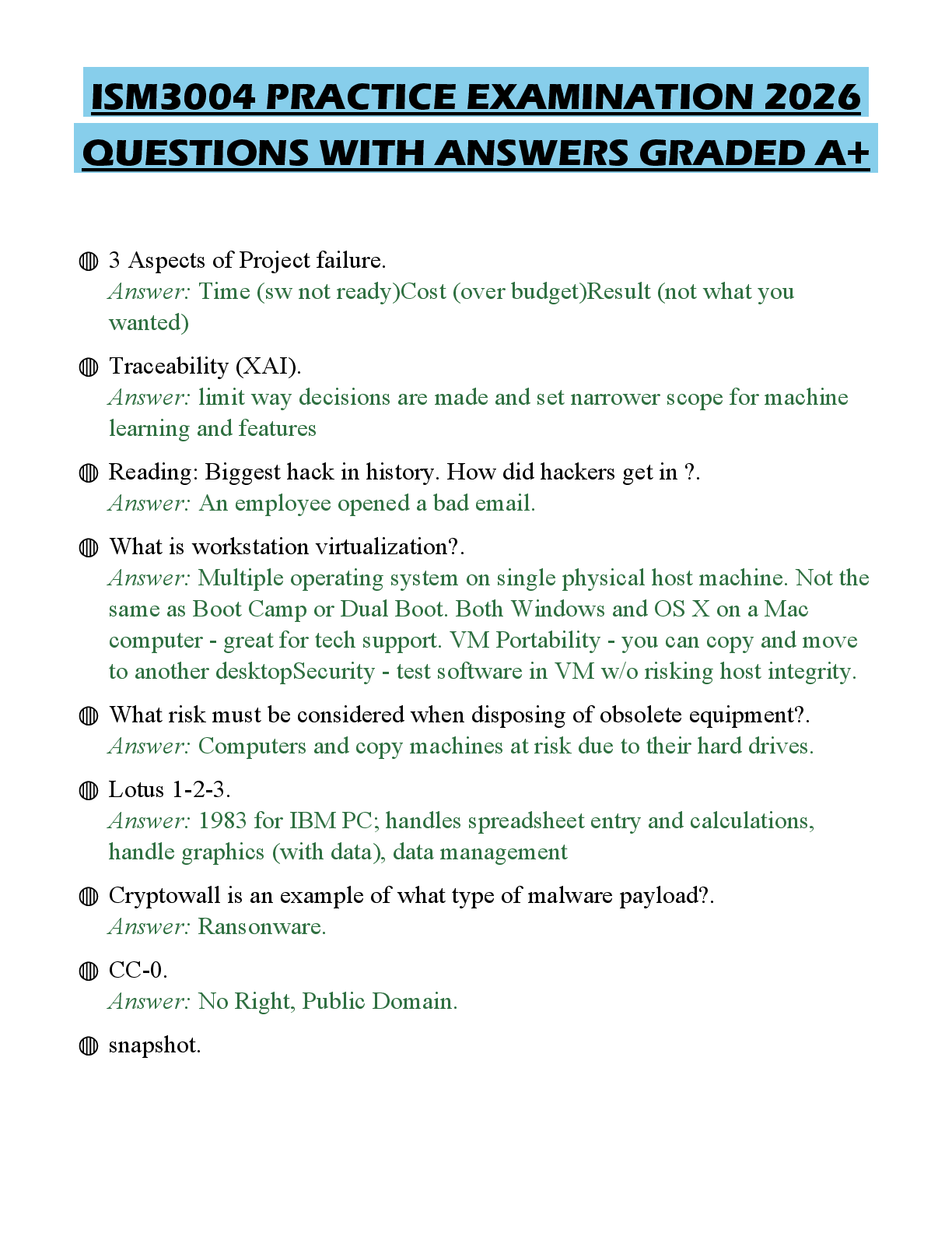 Recommended document preview for ISM3004 PRACTICE EXAMINATION 2026 QUESTIONS WITH ANSWERS GRADED A+