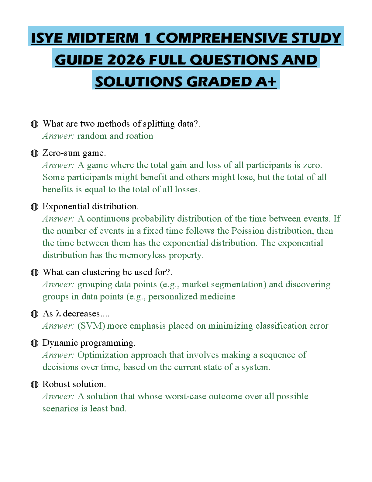 Recommended document preview for ISYE MIDTERM 1 COMPREHENSIVE STUDY GUIDE 2026 FULL QUESTIONS AND SOLUTIONS GRADED A+