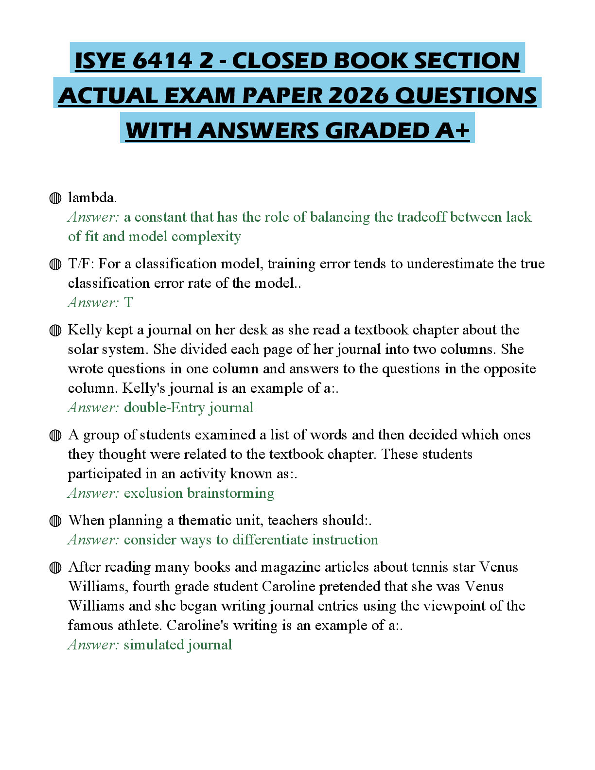 Recommended document preview for ISYE 6414 2 - CLOSED BOOK SECTION ACTUAL EXAM PAPER 2026 QUESTIONS WITH ANSWERS GRADED A+