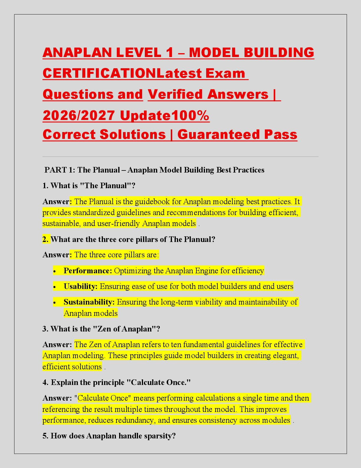 Preview of ANAPLAN LEVEL 1 – MODEL BUILDING  CERTIFICATIONLatest Exam  Questions and Verified Answers