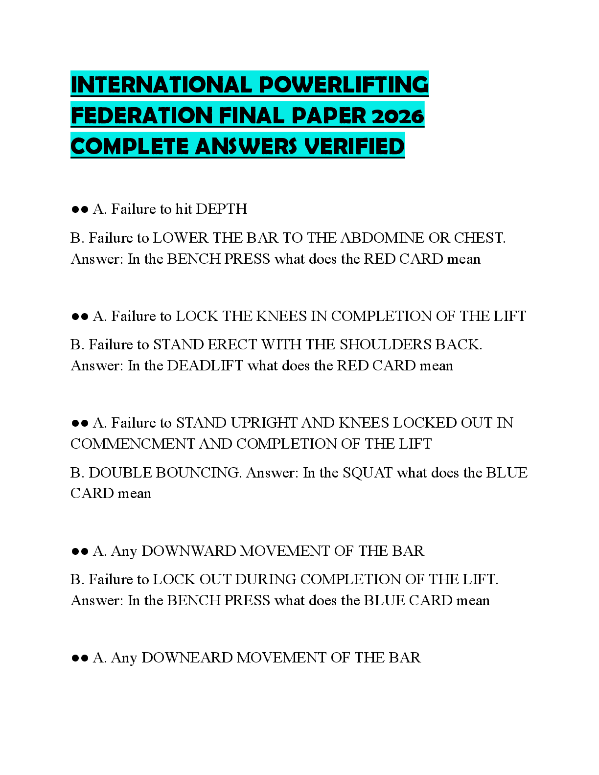 Recommended document preview for INTERNATIONAL POWERLIFTING FEDERATION FINAL PAPER 2026 COMPLETE ANSWERS VERIFIED