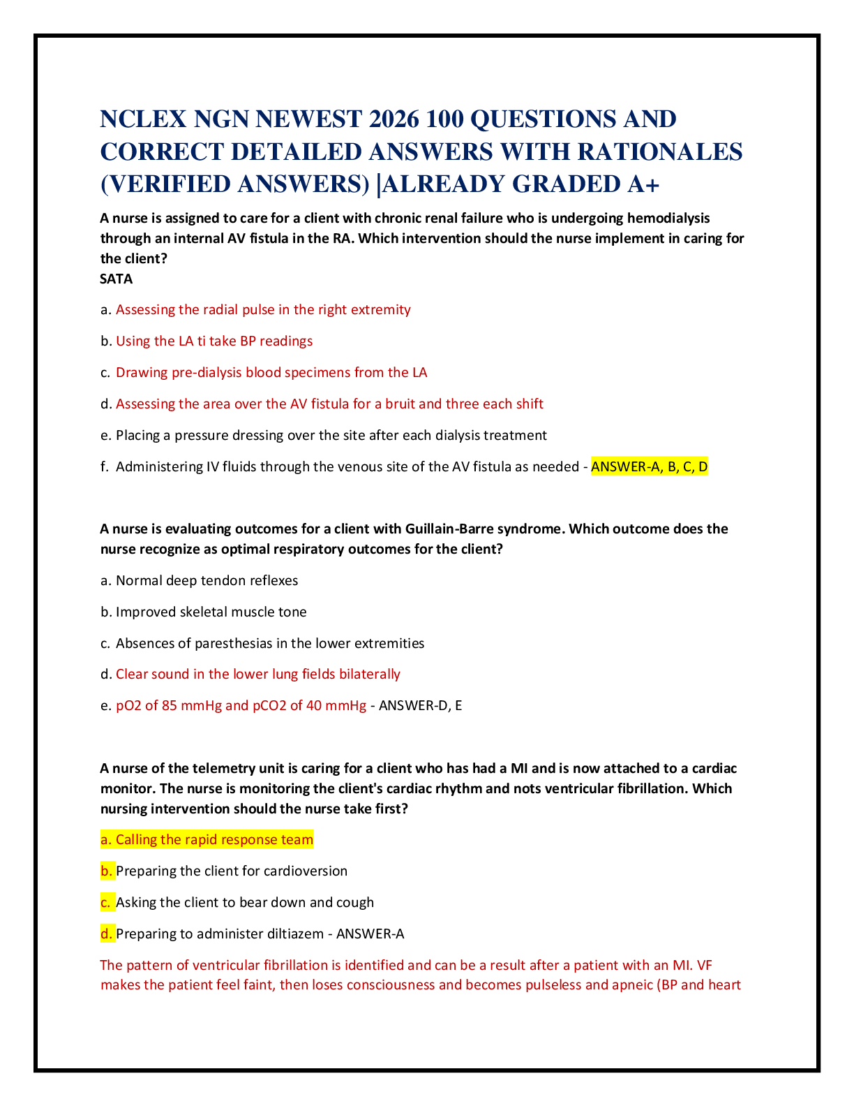 Recommended document preview for NCLEX NGN NEWEST 2026 100 QUESTIONS AND   CORRECT DETAILED ANSWERS WITH RATIONALES  (VERIFIED ANSWERS) |ALREADY GRADED A+
