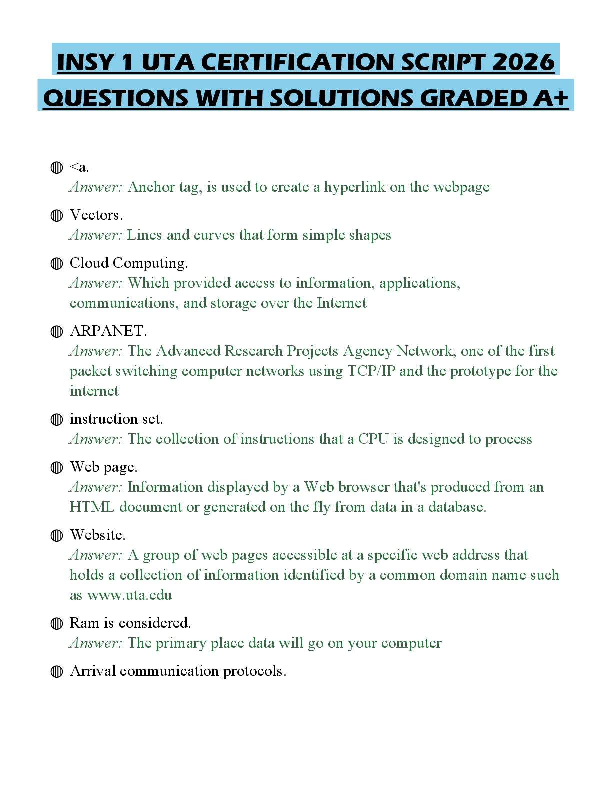 Recommended document preview for INSY 1 UTA CERTIFICATION SCRIPT 2026 QUESTIONS WITH SOLUTIONS GRADED A+