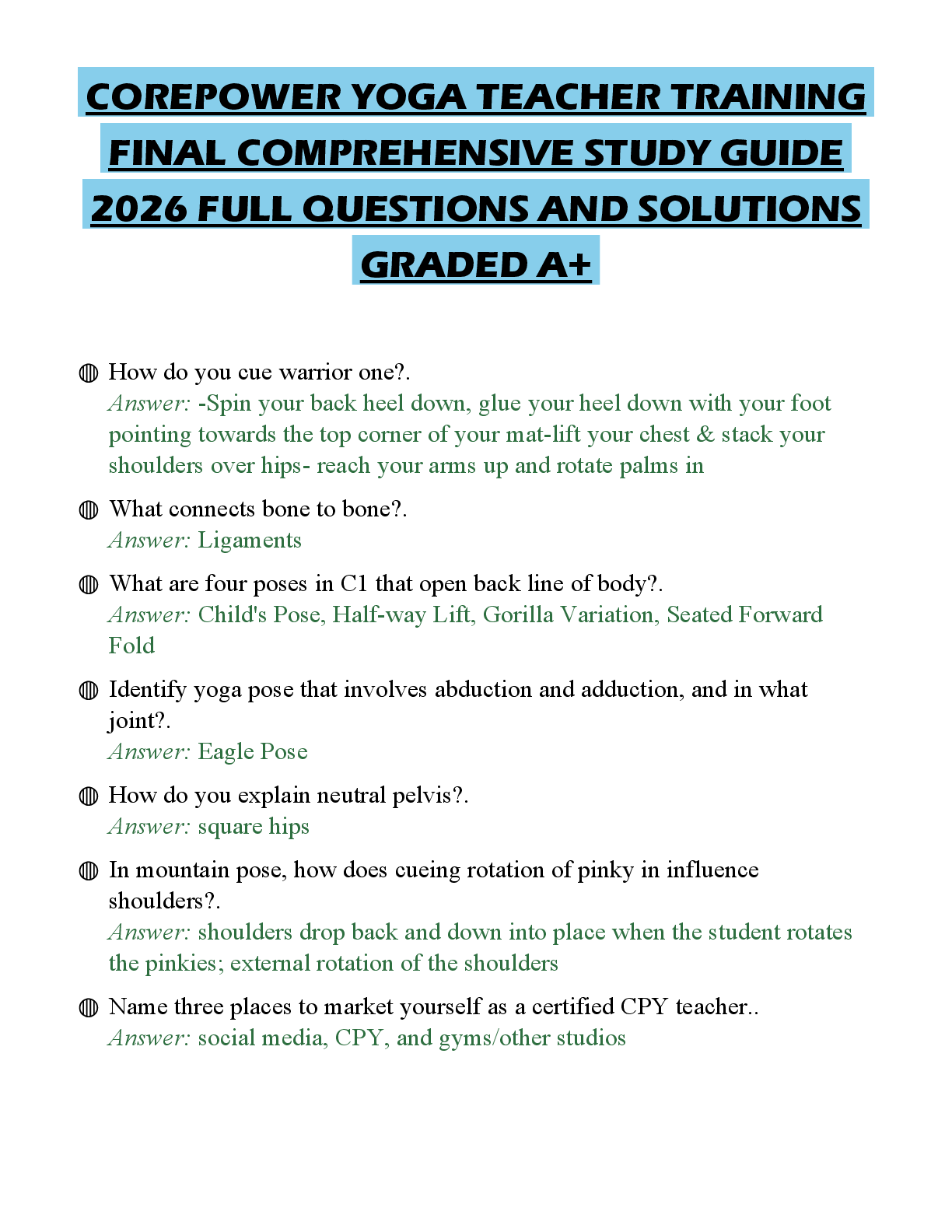 Recommended document preview for COREPOWER YOGA TEACHER TRAINING FINAL COMPREHENSIVE STUDY GUIDE 2026 FULL QUESTIONS AND SOLUTIONS GRADED A+