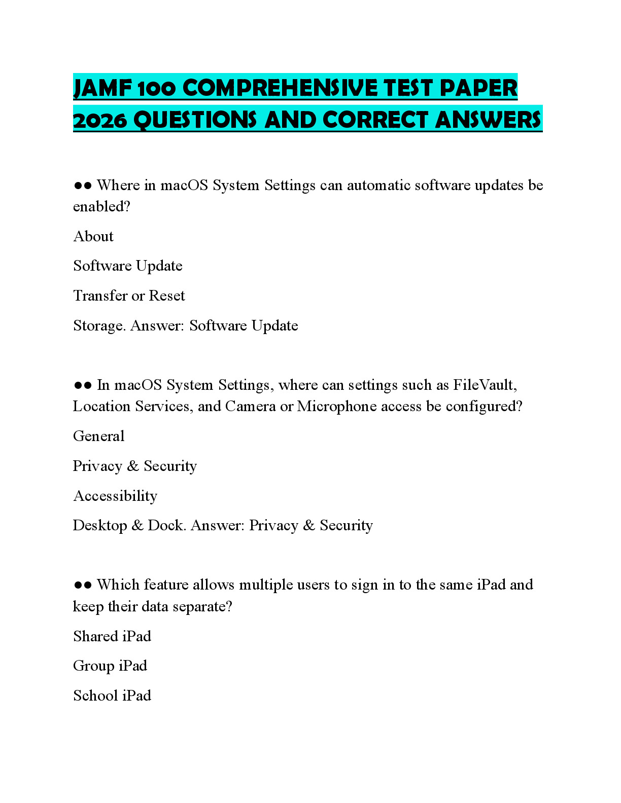 Recommended document preview for JAMF 100 PRACTICE SOLUTION SHEET 2026 QUESTIONS WITH CORRECT ANSWERS