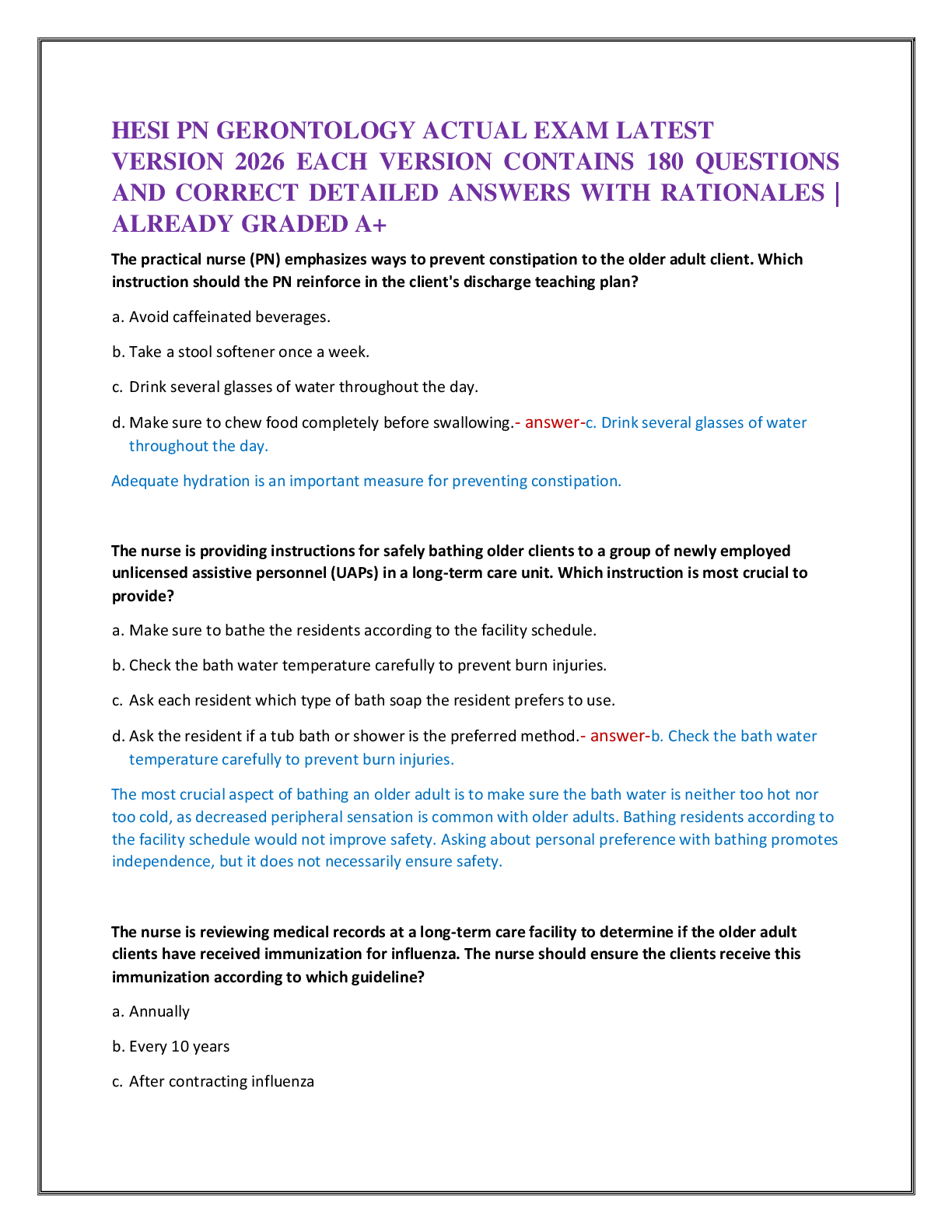 Recommended document preview for HESI PN GERONTOLOGY ACTUAL EXAM LATEST   VERSION 2026 EACH VERSION CONTAINS 180 QUESTIONS  AND CORRECT DETAILED ANSWERS WITH RATIONALES |  ALREADY GRADED A+