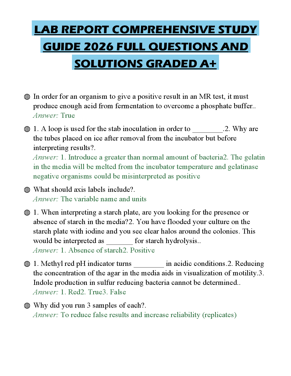 Preview of LAB REPORT FINAL TEST 2026 QUESTIONS WITH CORRECT ANSWERS GRADED A+
