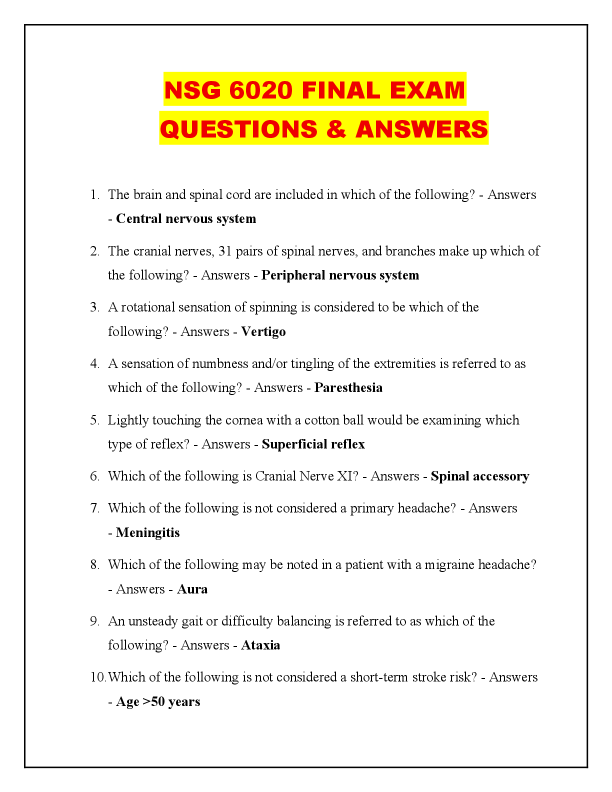Recommended document preview for NSG 6020 FINAL EXAM QUESTIONS & ANSWERS