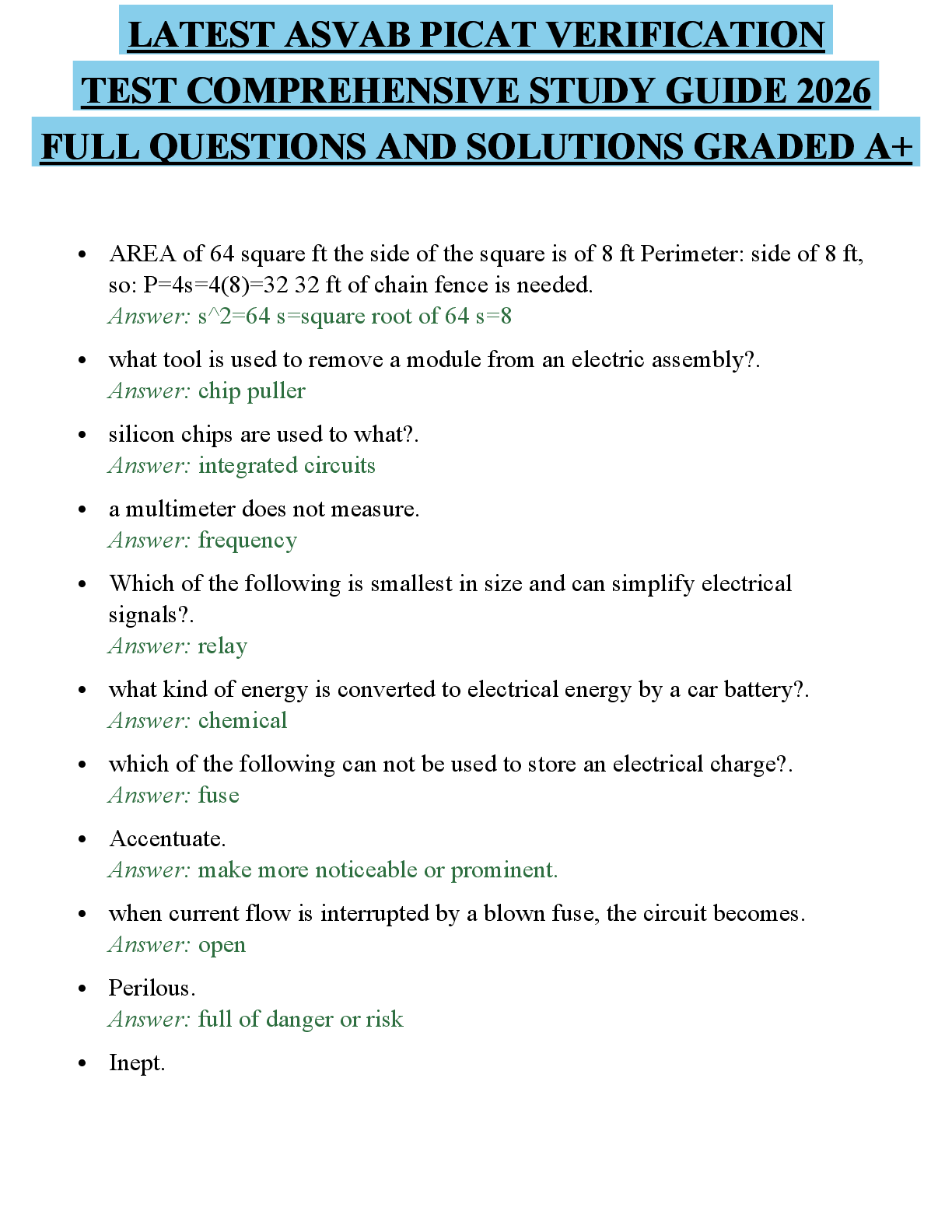 Preview of LATEST ASVAB PICAT VERIFICATION TEST PRACTICE EXAMINATION 2026 QUESTIONS WITH ANSWERS GRAD