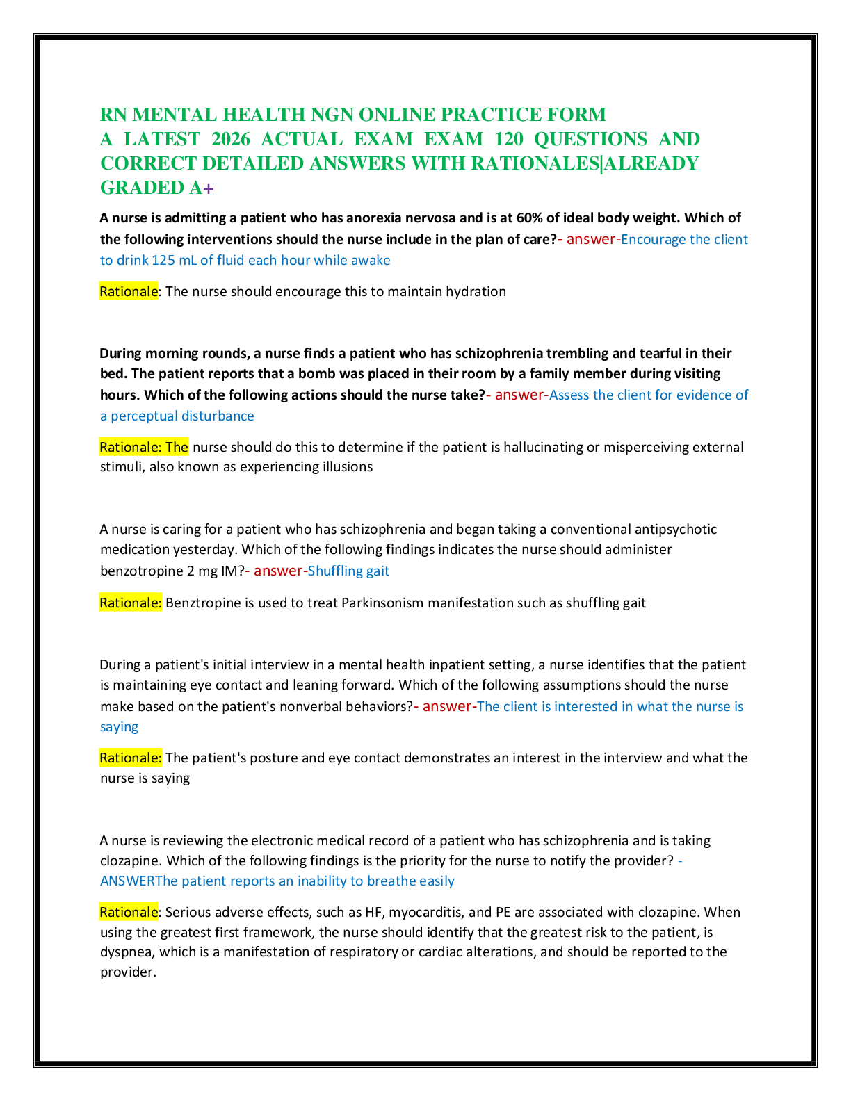 Recommended document preview for RN MENTAL HEALTH NGN ONLINE PRACTICE FORM   A LATEST 2026 ACTUAL EXAM EXAM 120 QUESTIONS AND  CORRECT DETAILED ANSWERS WITH RATIONALES|ALREADY  GRADED A+