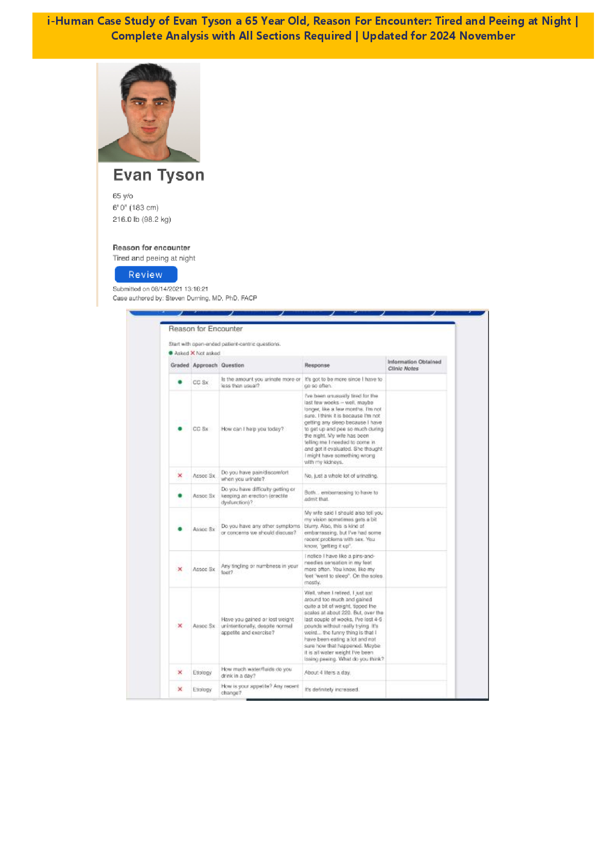 Recommended document preview for i-Human Case Study of Evan Tyson a 65 Year Old, Reason For Encounter: Tired and Peeing at Night |   Complete Analysis with All Sections Required | Updated for 2024 November