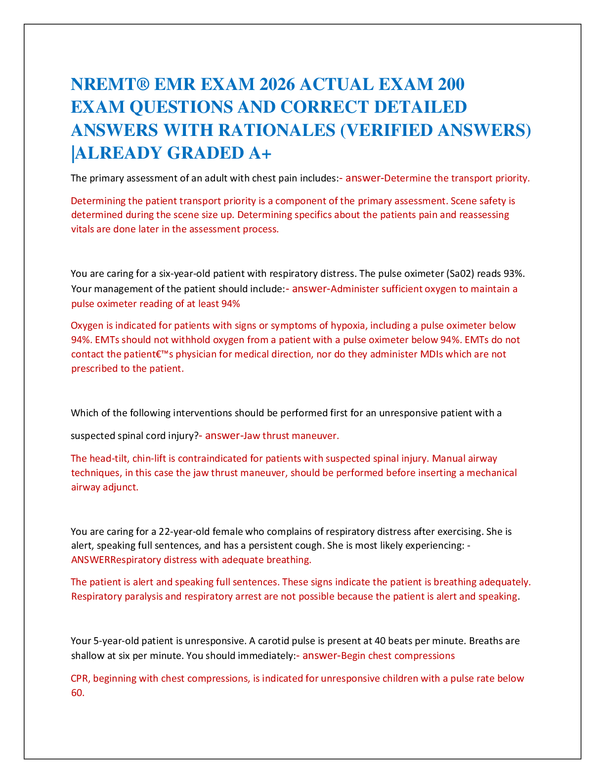 Recommended document preview for NREMT® EMR EXAM 2026 ACTUAL EXAM 200   EXAM QUESTIONS AND CORRECT DETAILED   ANSWERS WITH RATIONALES (VERIFIED ANSWERS)  |ALREADY GRADED A+