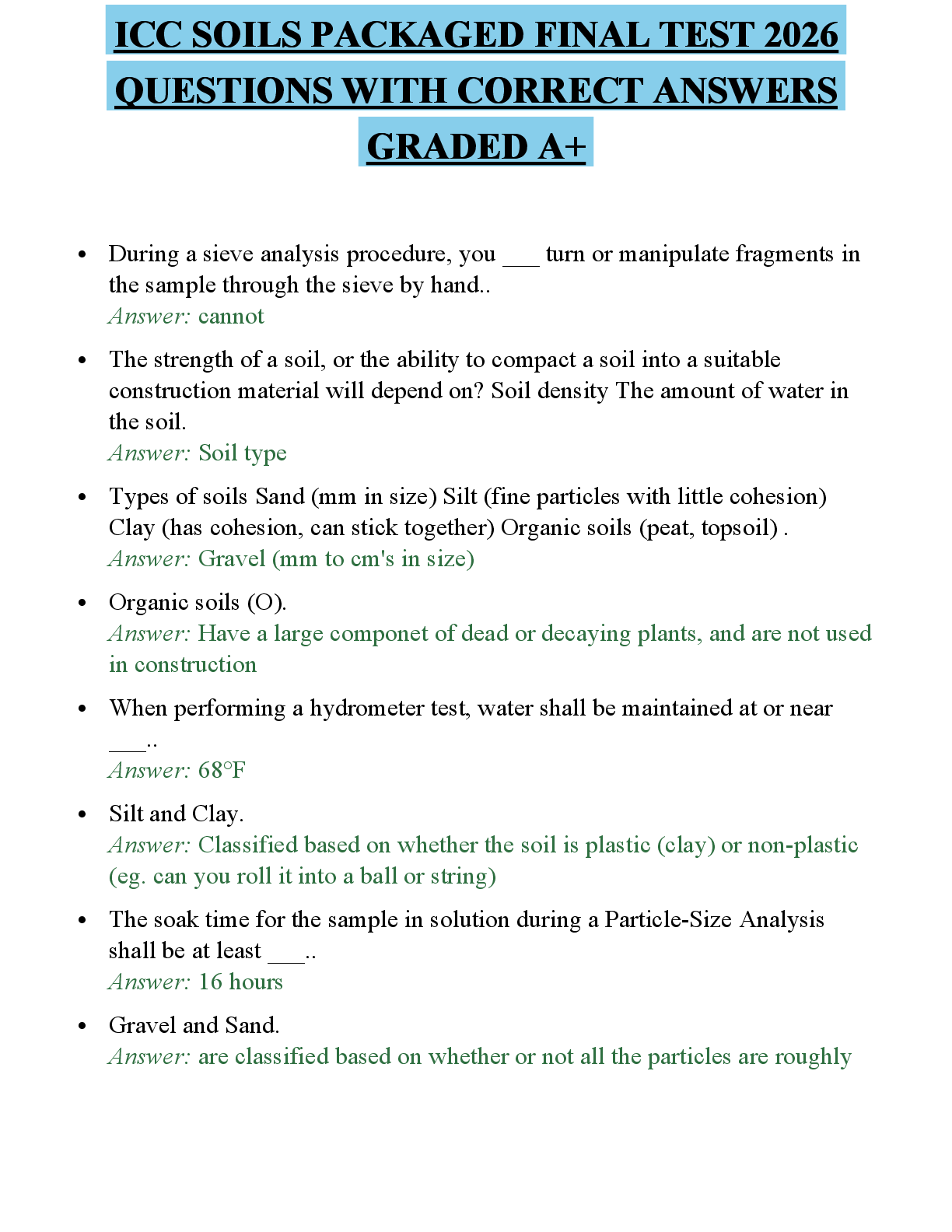 Preview of ICC SOILS PACKAGED FINAL TEST 2026 QUESTIONS WITH CORRECT ANSWERS GRADED A+