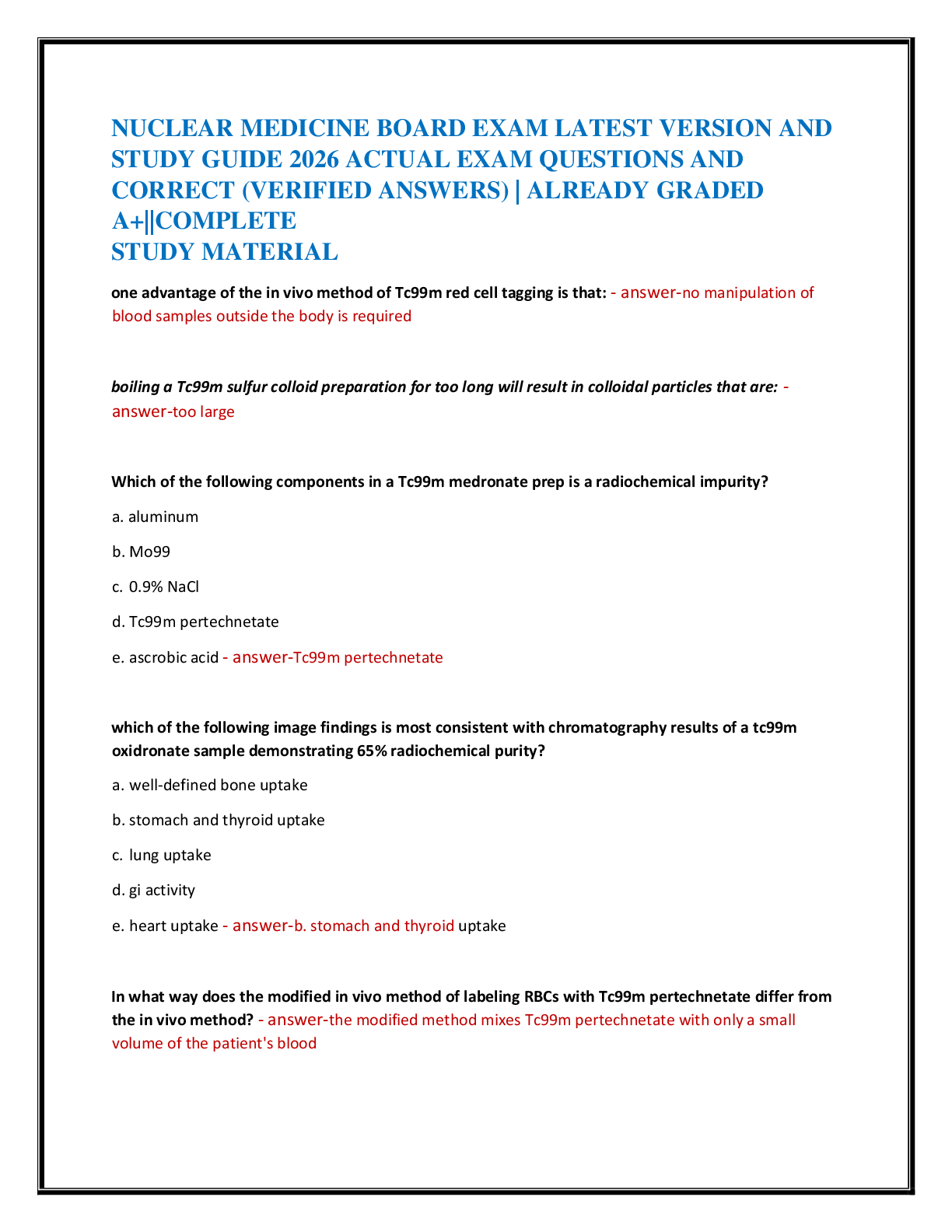 NUCLEAR MEDICINE BOARD EXAM LATEST VERSION AND   STUDY GUIDE 2026 ACTUAL EXAM QUESTIONS AND   CORRECT (VERIFIED ANSWERS) | ALREADY GRADED  A+||COMPLETE   STUDY MATERIAL
