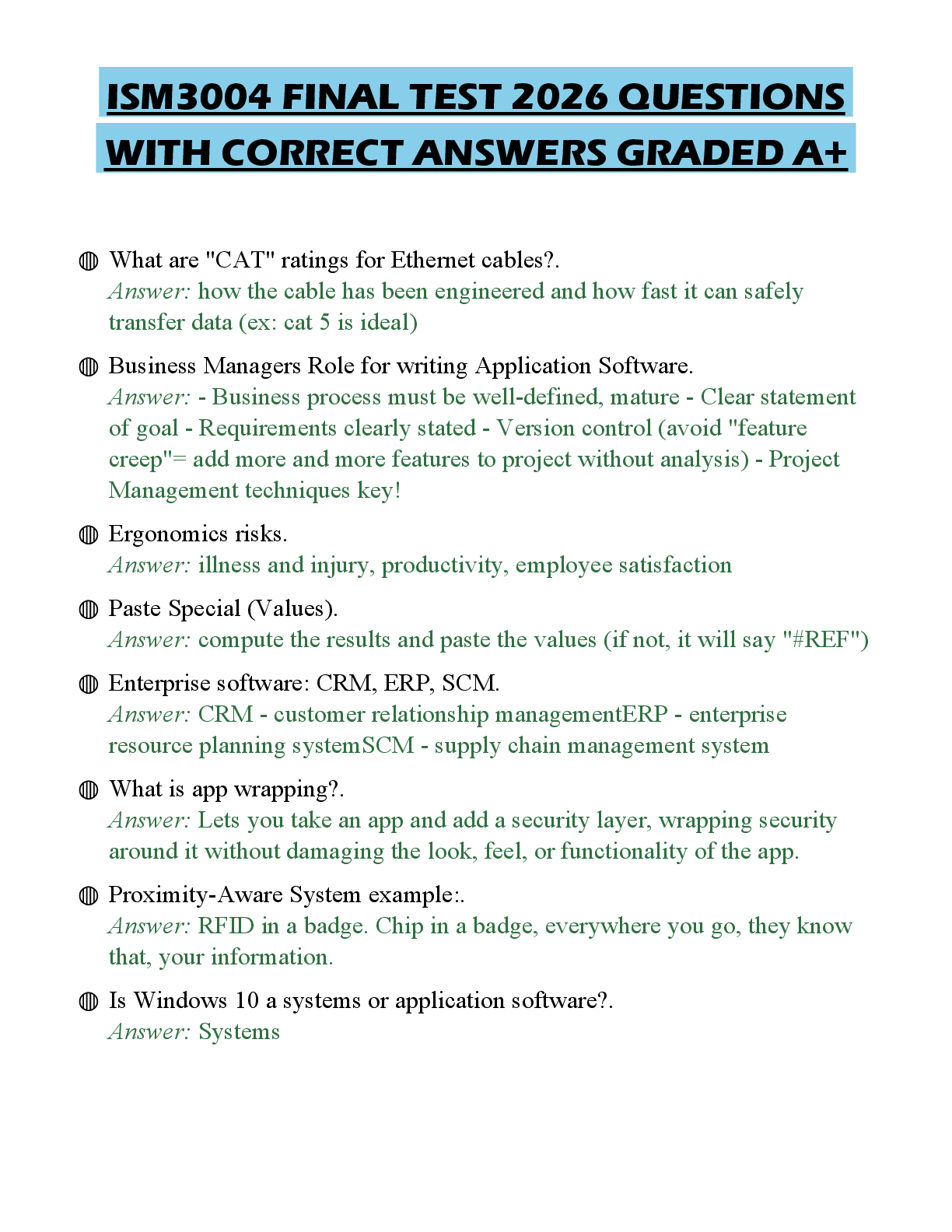 Recommended document preview for ISM3004 FINAL TEST 2026 QUESTIONS WITH CORRECT ANSWERS GRADED A+