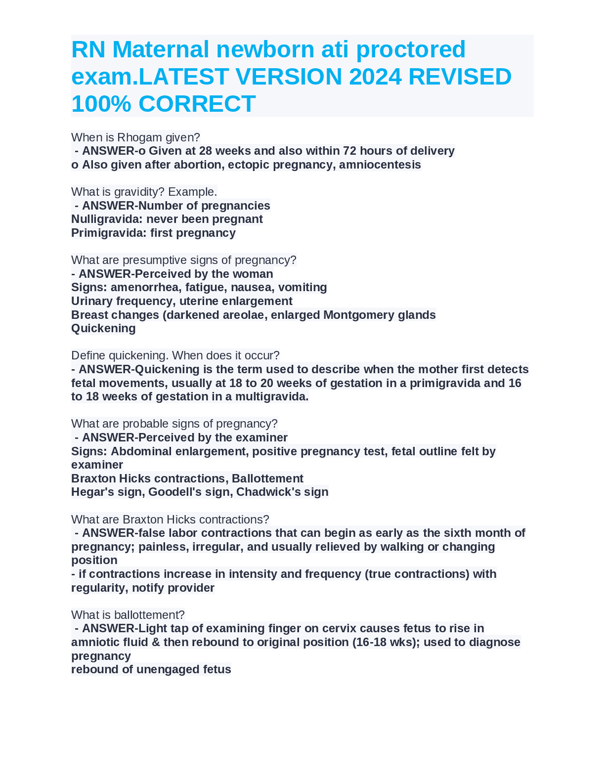 Recommended document preview for RN Maternal newborn ati proctored  exam.LATEST VERSION 2024 REVISED  100% CORRECT