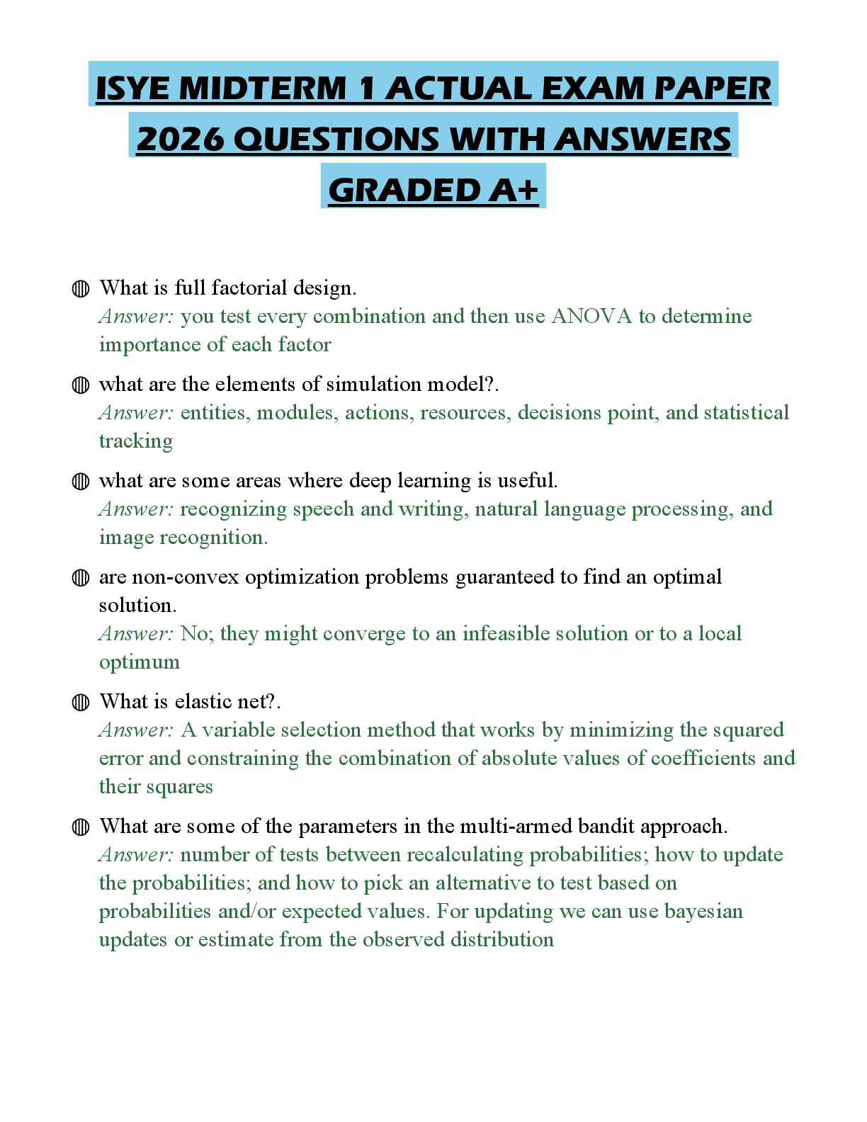 Recommended document preview for ISYE MIDTERM 1 ACTUAL EXAM PAPER 2026 QUESTIONS WITH ANSWERS GRADED A+