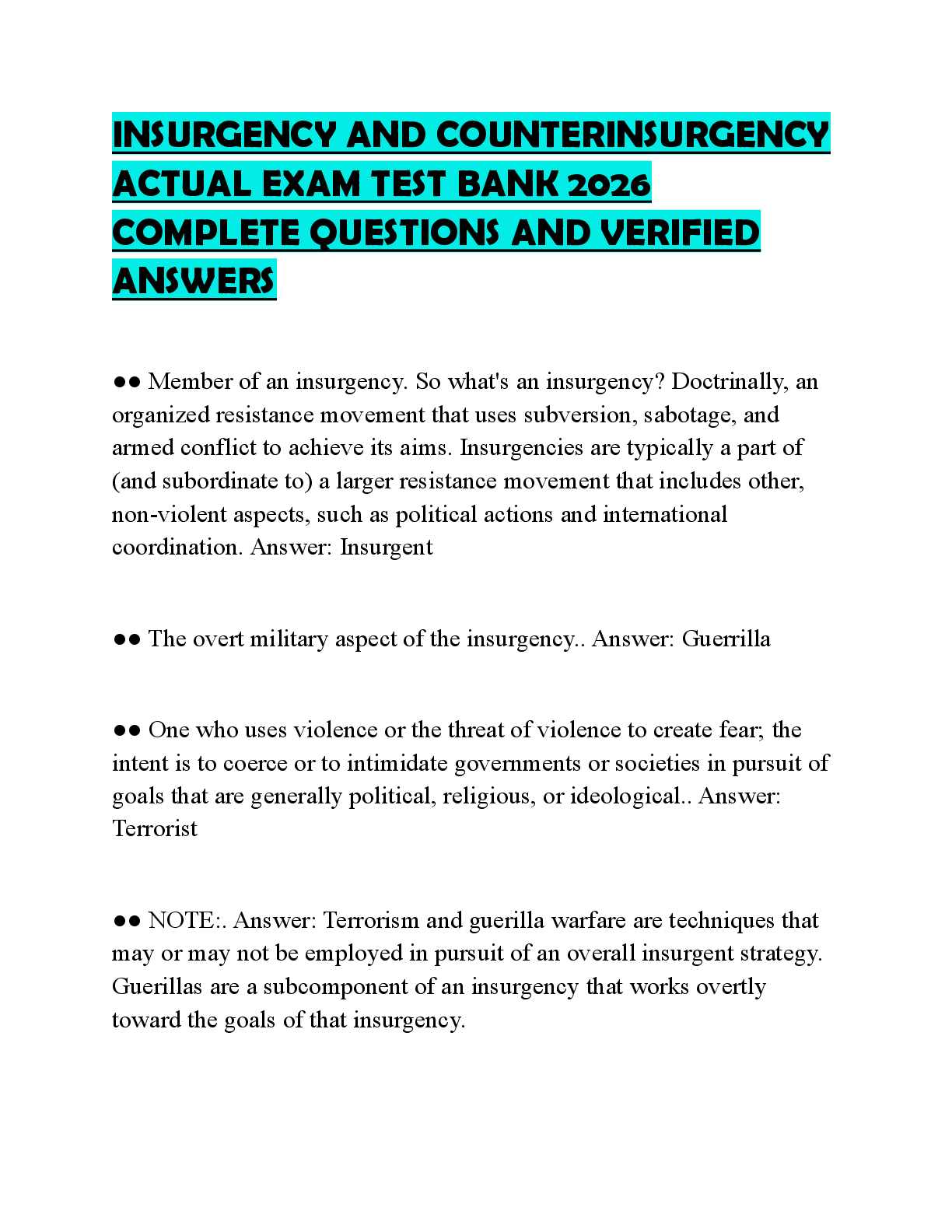 Recommended document preview for INSURGENCY AND COUNTERINSURGENCY ACTUAL EXAM TEST BANK 2026 COMPLETE QUESTIONS AND VERIFIED ANSWERS