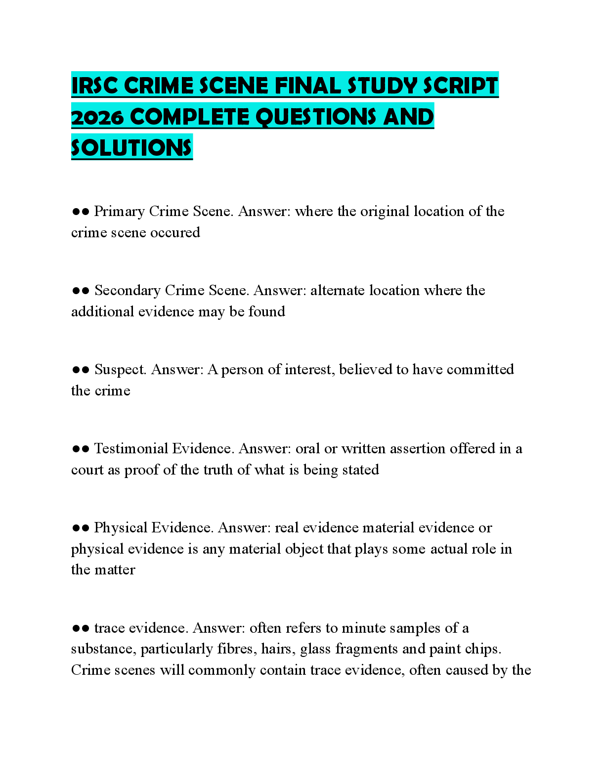 Recommended document preview for IRSC CRIME SCENE FINAL STUDY SCRIPT 2026 COMPLETE QUESTIONS AND SOLUTIONS