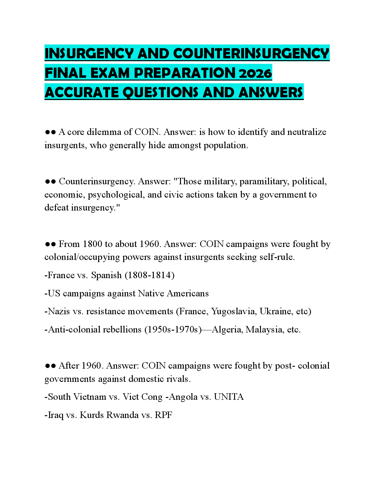 Preview of INSURGENCY AND COUNTERINSURGENCY FINAL EXAM PREPARATION 2026 ACCURATE QUESTIONS AND ANSWER
