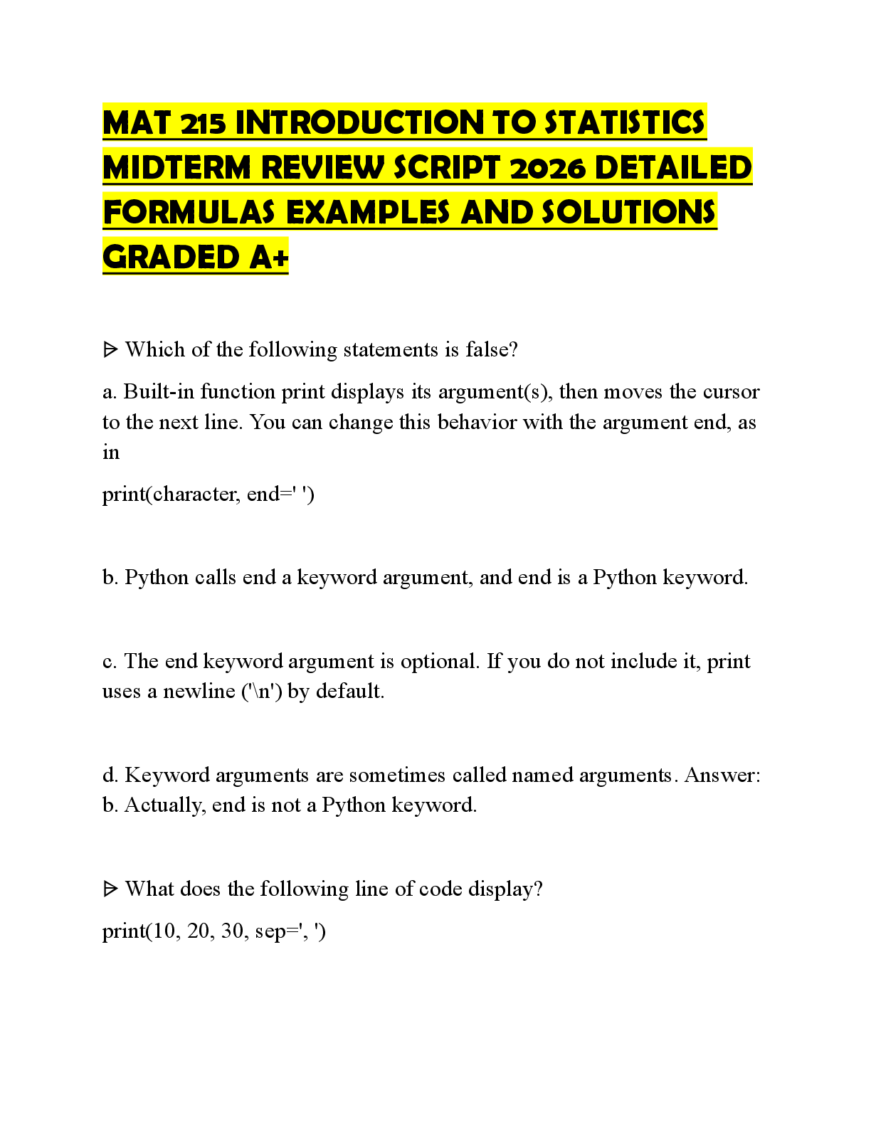Preview of MAT 215 INTRODUCTION TO STATISTICS MIDTERM REVIEW SCRIPT 2026 DETAILED FORMULAS EXAMPLES A