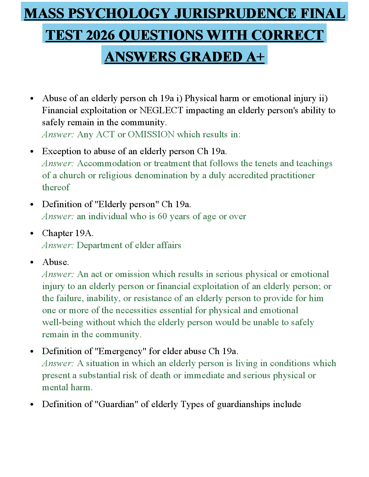 Preview of MASS PSYCHOLOGY JURISPRUDENCE FINAL TEST 2026 QUESTIONS WITH CORRECT ANSWERS GRADED A+