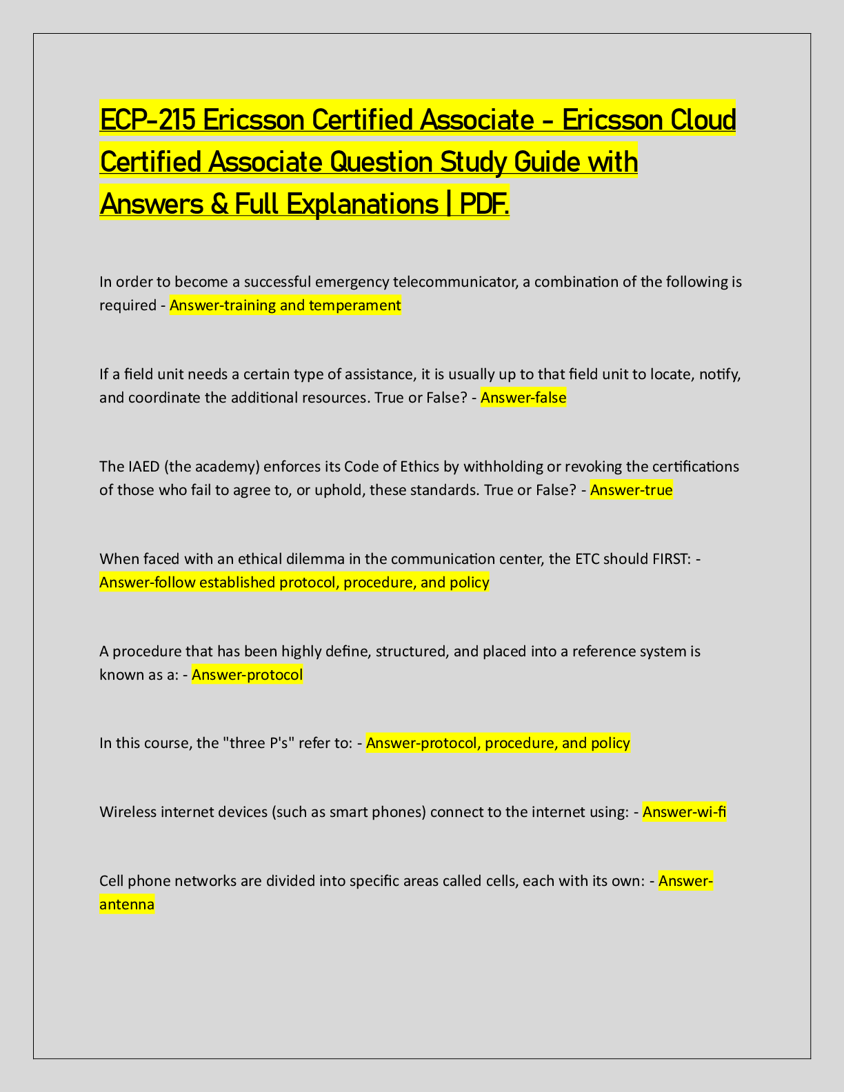 ECP-215 Ericsson Certified Associate - Ericsson Cloud  Certified Associate Question Study Guide with  Answers & Full Explanations | PDF.