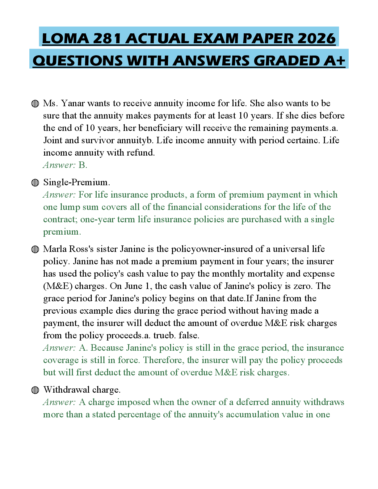 Recommended document preview for LOMA 281 ACTUAL EXAM PAPER 2026 QUESTIONS WITH ANSWERS GRADED A+