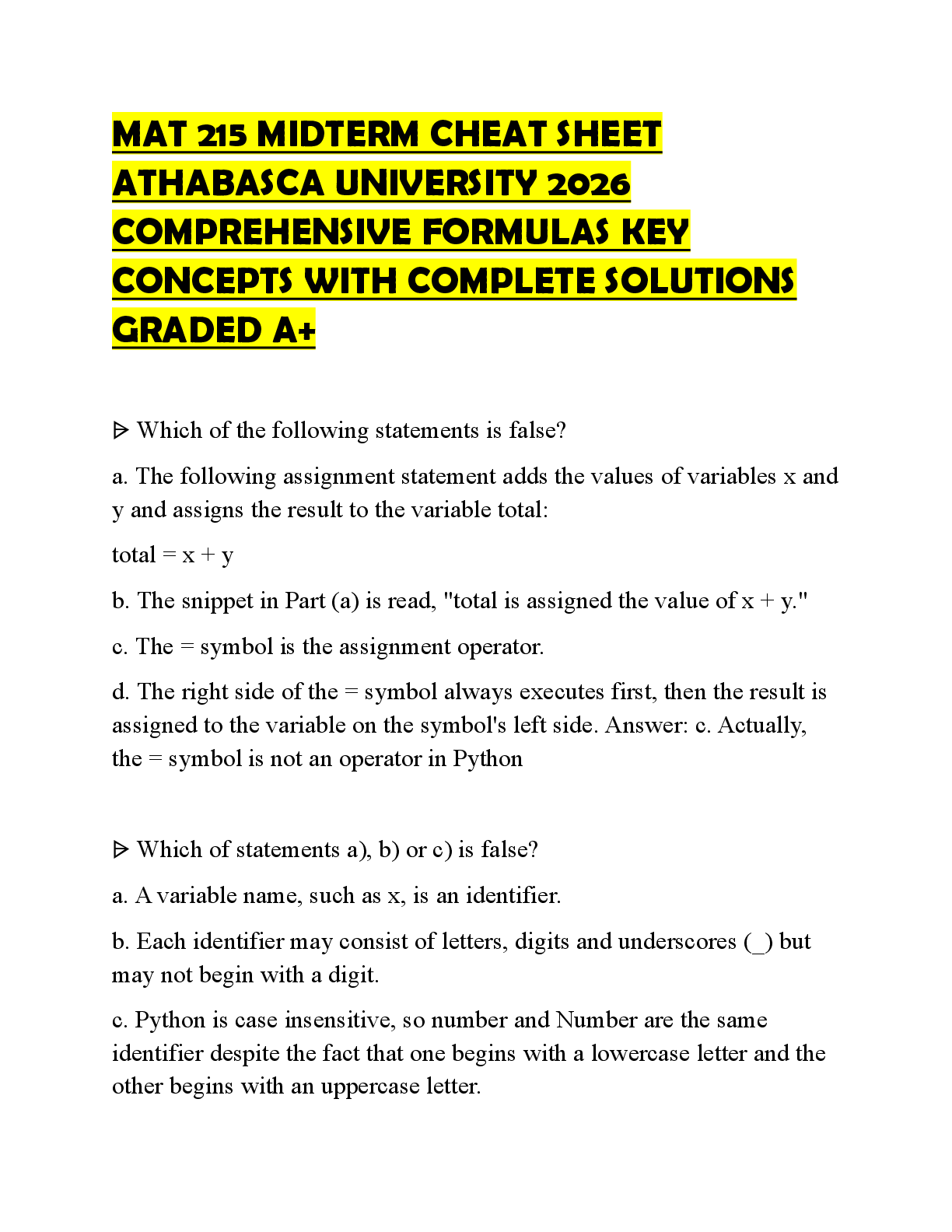 Preview of MAT 215 MIDTERM CHEAT SHEET ATHABASCA UNIVERSITY 2026 COMPREHENSIVE FORMULAS KEY CONCEPTS