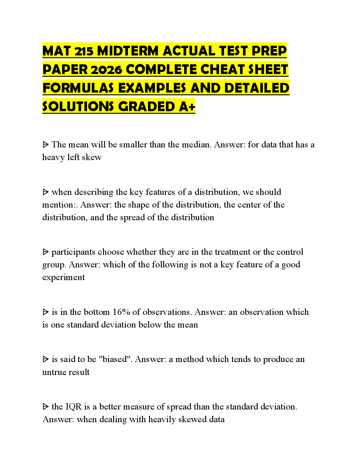 Preview of MAT 215 MIDTERM ACTUAL TEST PREP PAPER 2026 COMPLETE CHEAT SHEET FORMULAS EXAMPLES AND DET