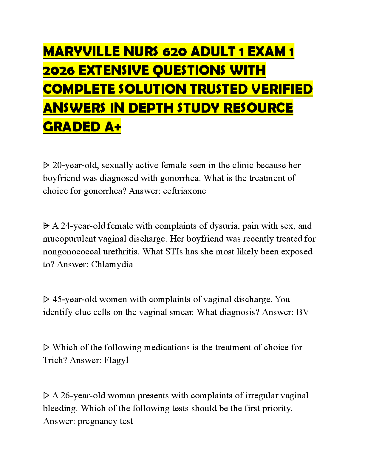 Recommended document preview for MARYVILLE NURS 620 ADULT 1 EXAM 1 2026 FULL QUESTIONS AND COMPLETE SOLUTION 100 PERCENT VERIFIED ACCURATE ANSWERS COMPREHENSIVE STUDY GUIDE GRADED A+