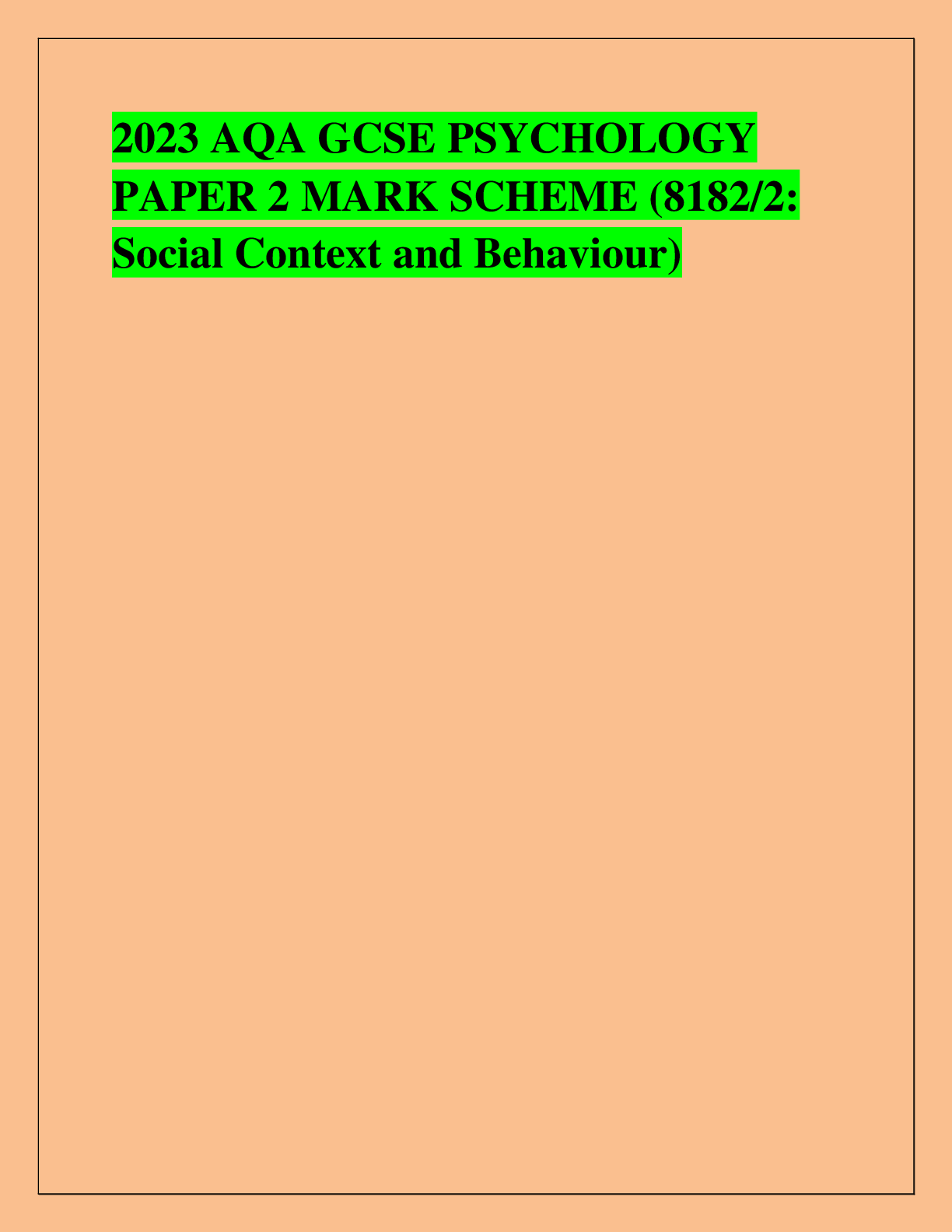 Preview image for 2023 AQA GCSE PSYCHOLOGY  PAPER 2 MARK SCHEME (8182/2:  Social Context and Behaviour)