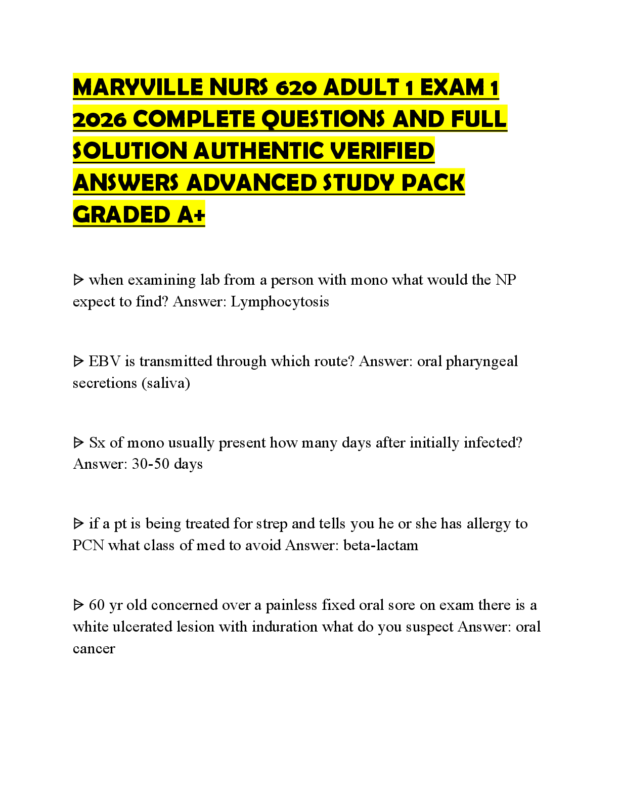Preview of MARYVILLE NURS 620 ADULT 1 EXAM 1 2026 COMPREHENSIVE QUESTIONS AND COMPLETE SOLUTION ACCUR