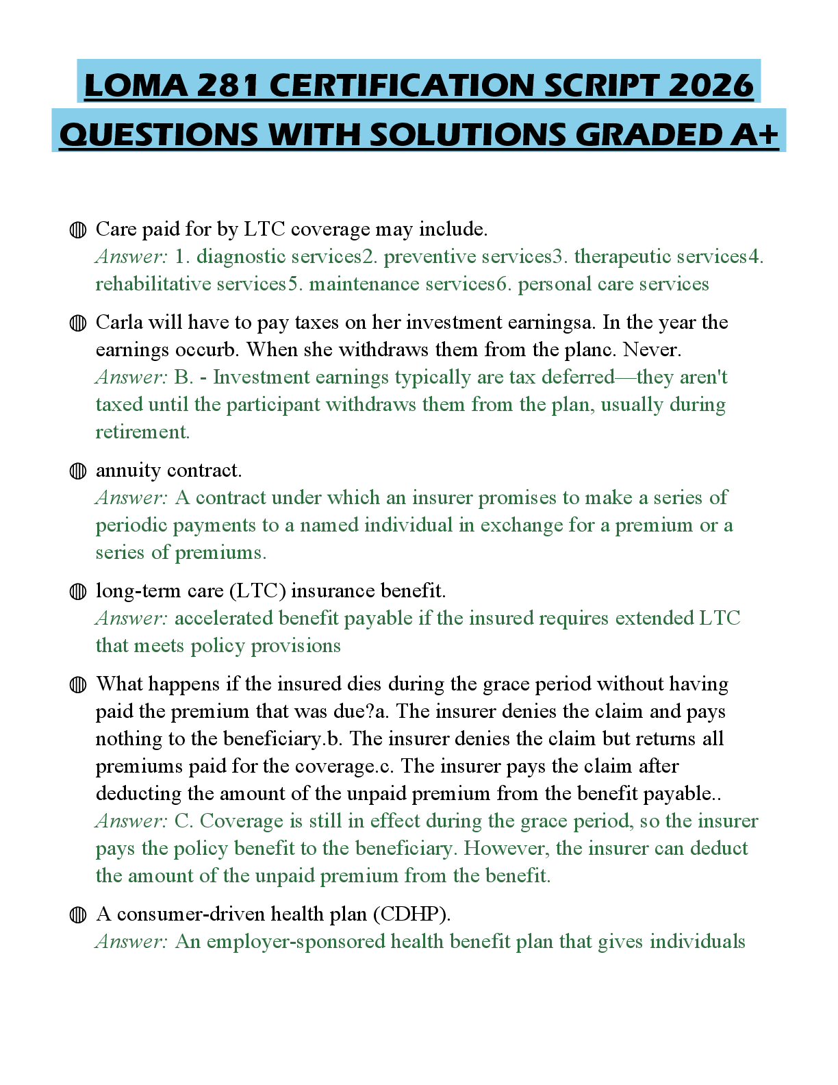 Recommended document preview for LOMA 281 CERTIFICATION SCRIPT 2026 QUESTIONS WITH SOLUTIONS GRADED A+