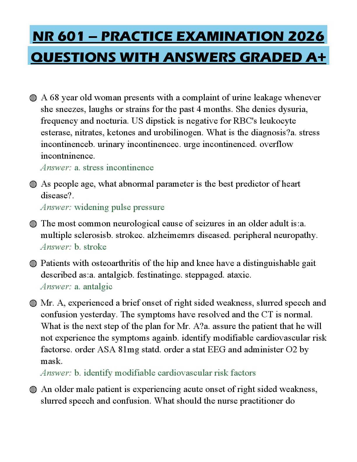 Recommended document preview for NR 601 – PRACTICE EXAMINATION 2026 QUESTIONS WITH ANSWERS GRADED A+