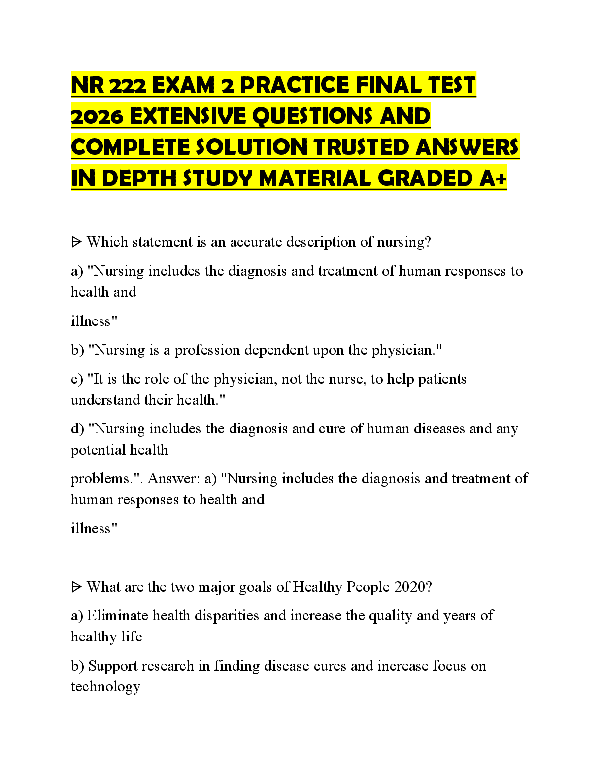 Preview of NR 222 EXAM 2 PRACTICE FINAL TEST 2026 EXTENSIVE QUESTIONS AND COMPLETE SOLUTION TRUSTED A