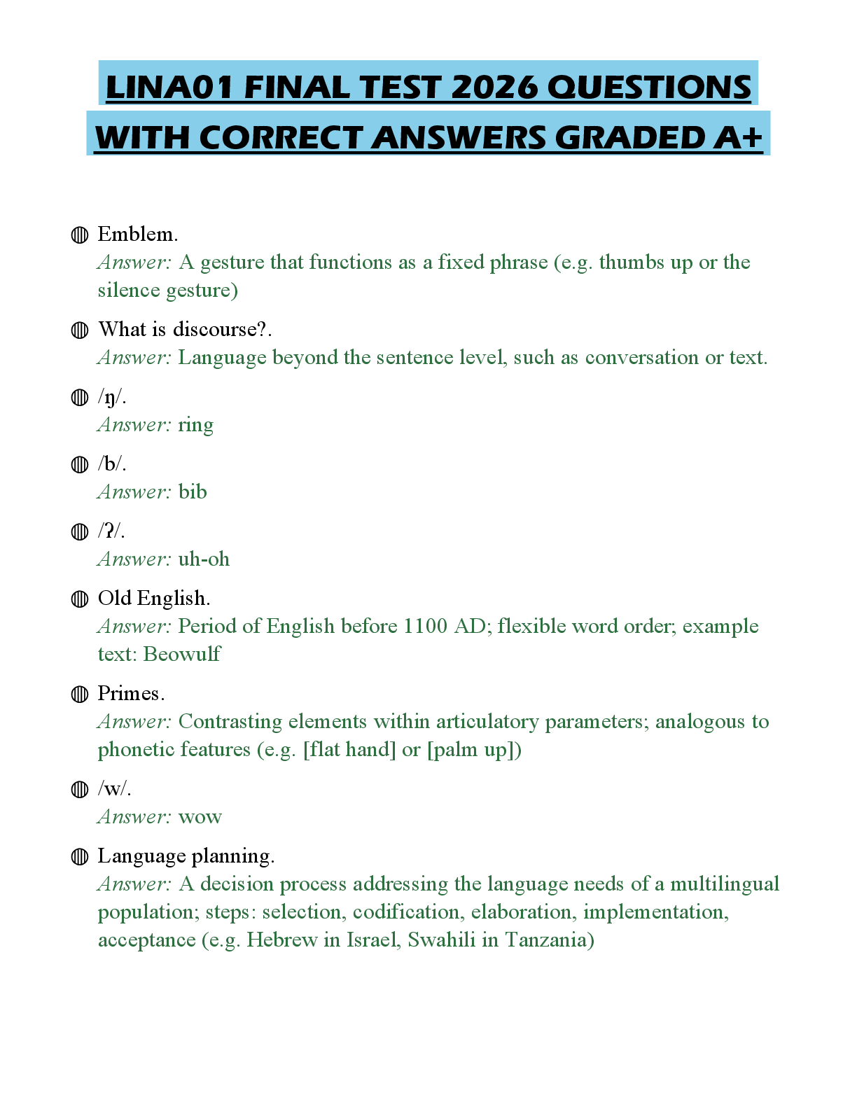 Recommended document preview for LINA01 FINAL TEST 2026 QUESTIONS WITH CORRECT ANSWERS GRADED A+