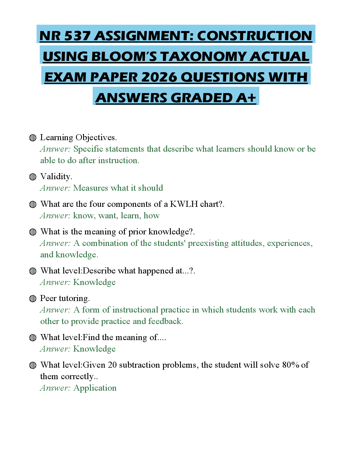 Preview of NR 537 ASSIGNMENT: CONSTRUCTION USING BLOOM’S TAXONOMY ACTUAL EXAM PAPER 2026 QUESTIONS WI