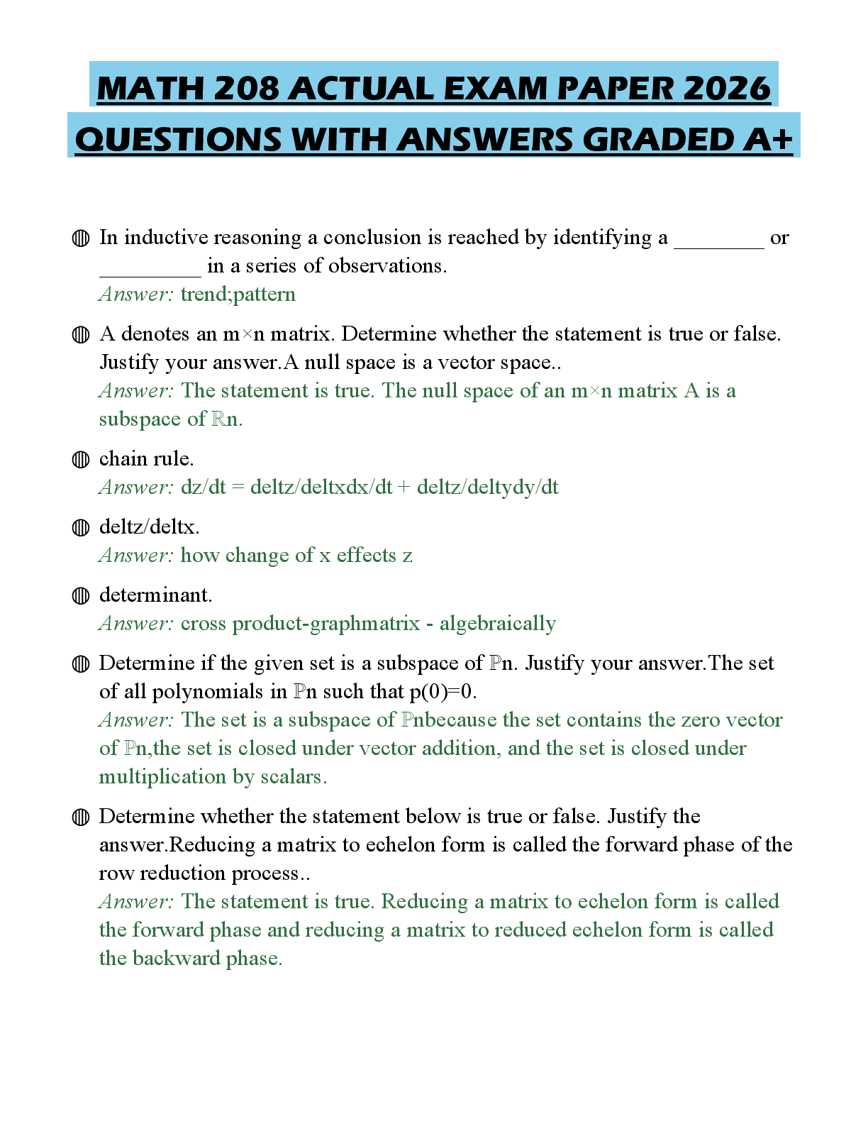 Recommended document preview for MATH 208 ACTUAL EXAM PAPER 2026 QUESTIONS WITH ANSWERS GRADED A+