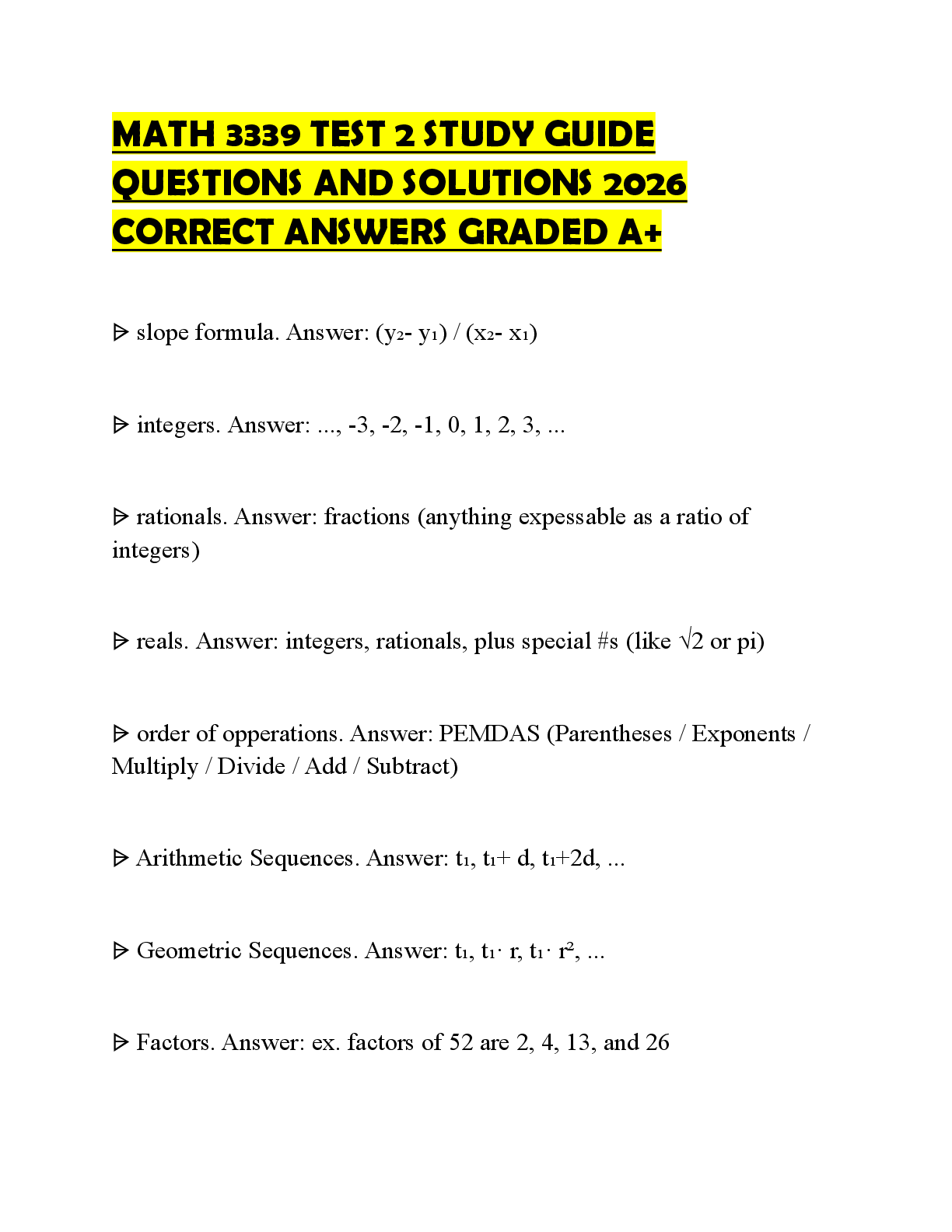 Recommended document preview for MATH 3339 TEST 2 STUDY GUIDE QUESTIONS AND SOLUTIONS 2026 CORRECT ANSWERS GRADED A+