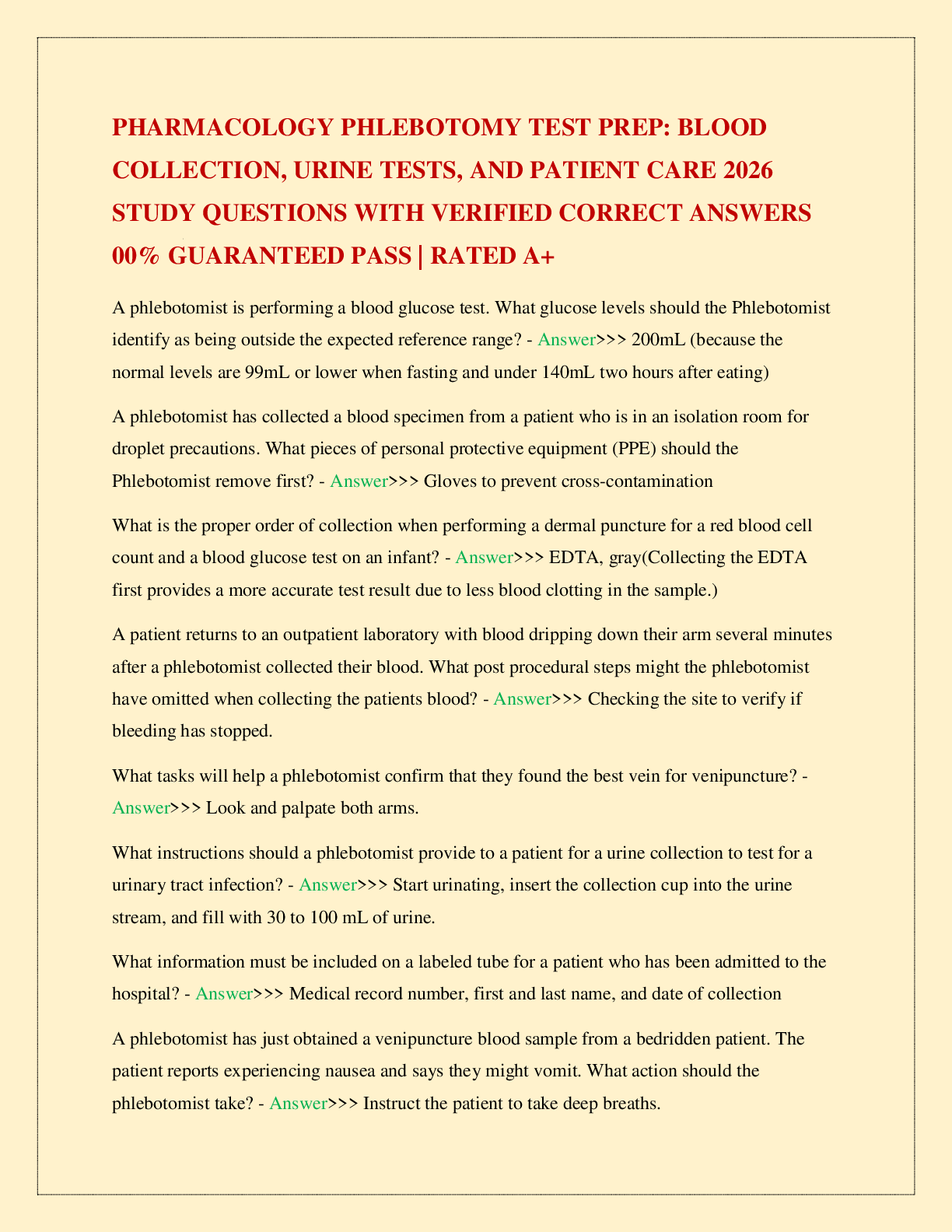 PHARMACOLOGY PHLEBOTOMY TEST PREP: BLOOD COLLECTION, URINE TESTS, AND PATIENT CARE 2026 STUDY QUESTIONS WITH VERIFIED CORRECT ANSWERS 00% GUARANTEED PASS | RATED A+