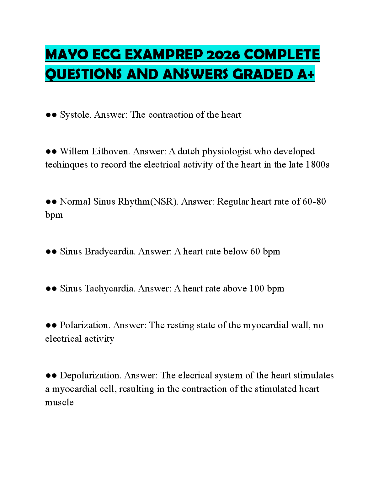 Recommended document preview for MAYO ECG EXAMPREP 2026 COMPLETE QUESTIONS AND ANSWERS GRADED A+