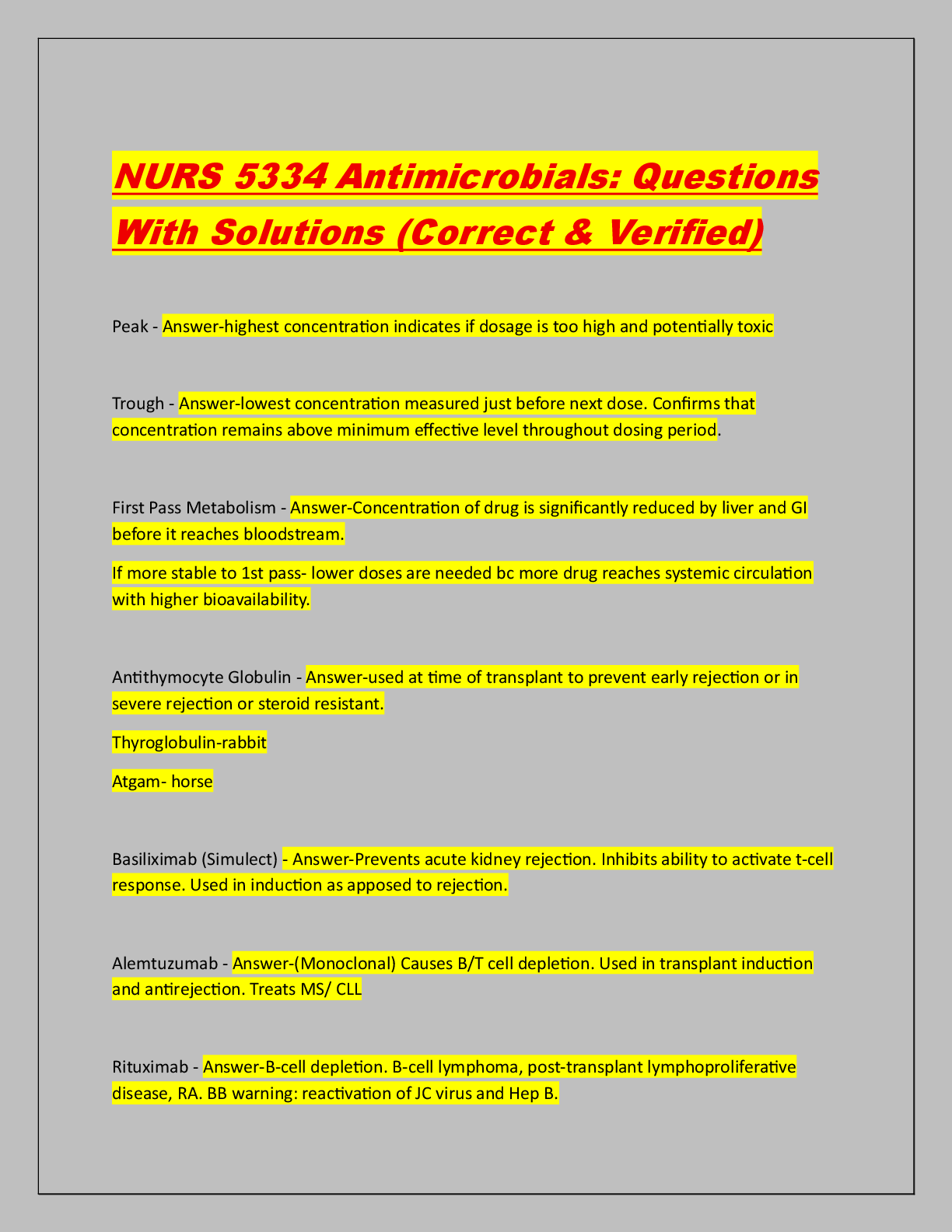 Recommended document preview for NURS 5334 Antimicrobials: Questions  With Solutions (Correct & Verified)