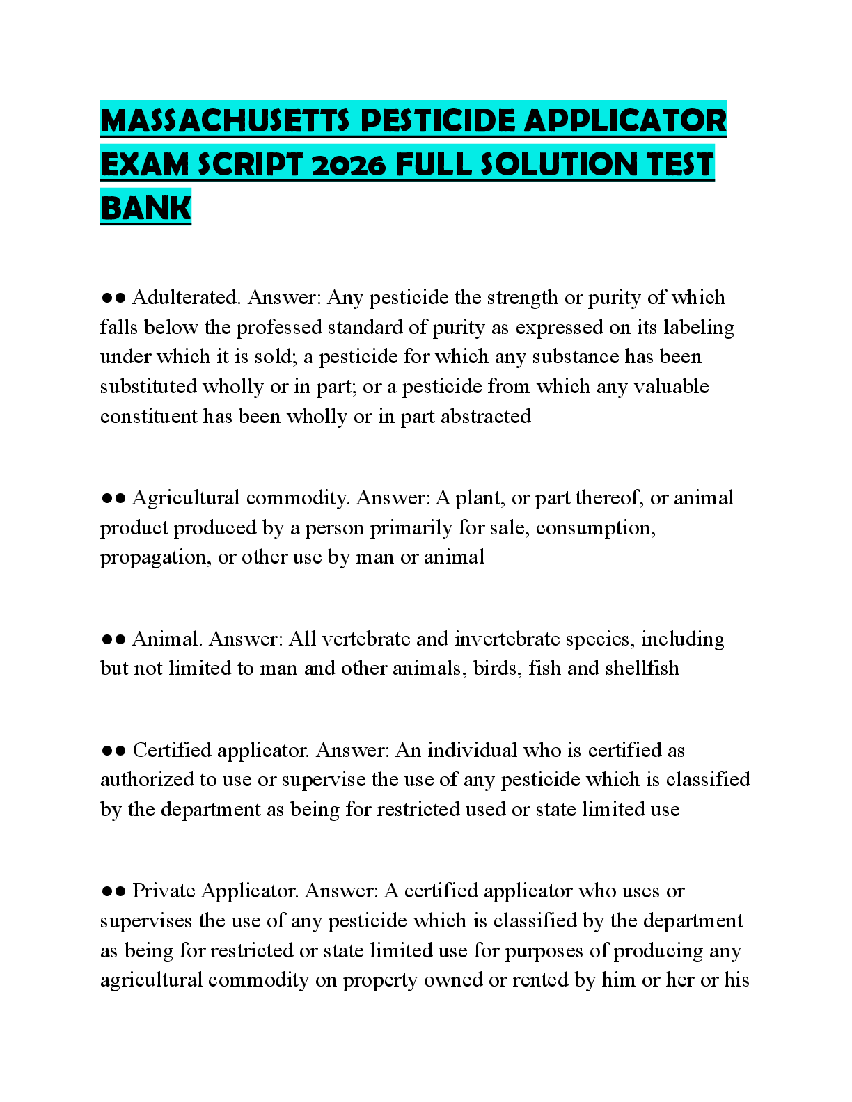 Recommended document preview for MASSACHUSETTS PESTICIDE APPLICATOR EXAM SCRIPT 2026 FULL SOLUTION TEST BANK