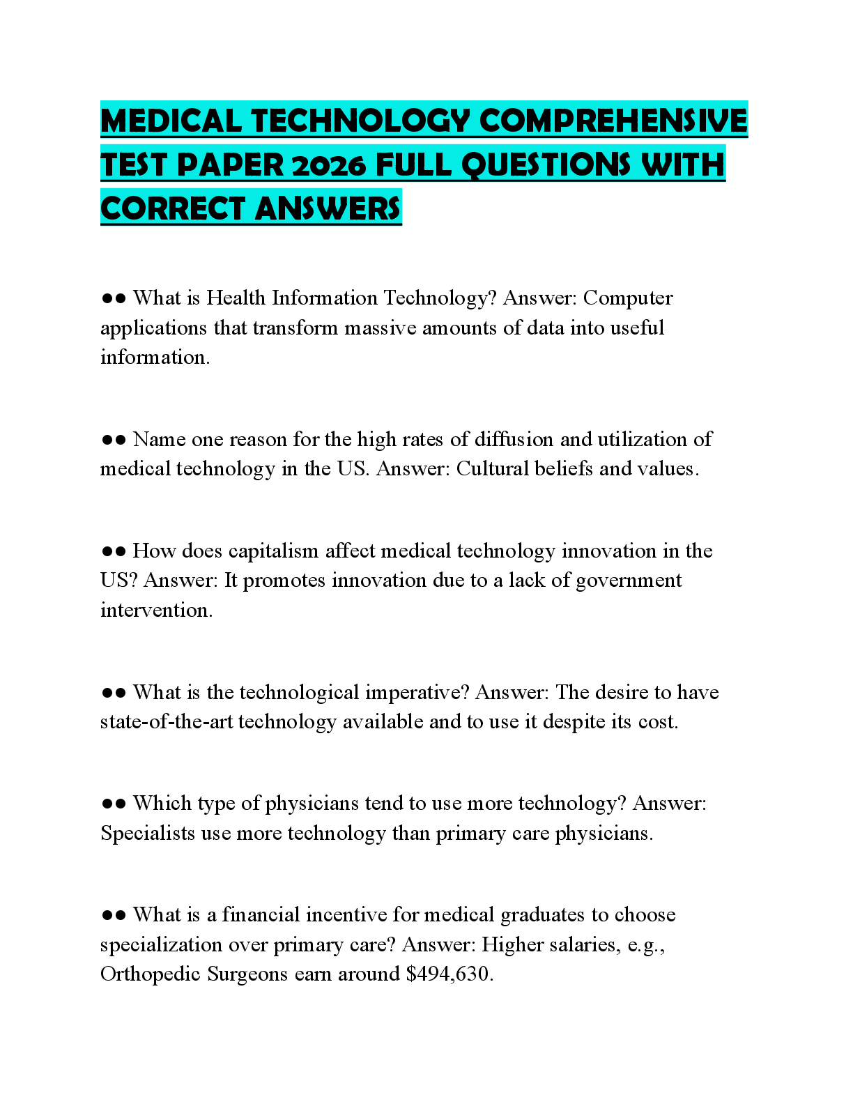 Recommended document preview for MEDICAL TECHNOLOGY COMPREHENSIVE TEST PAPER 2026 FULL QUESTIONS WITH CORRECT ANSWERS