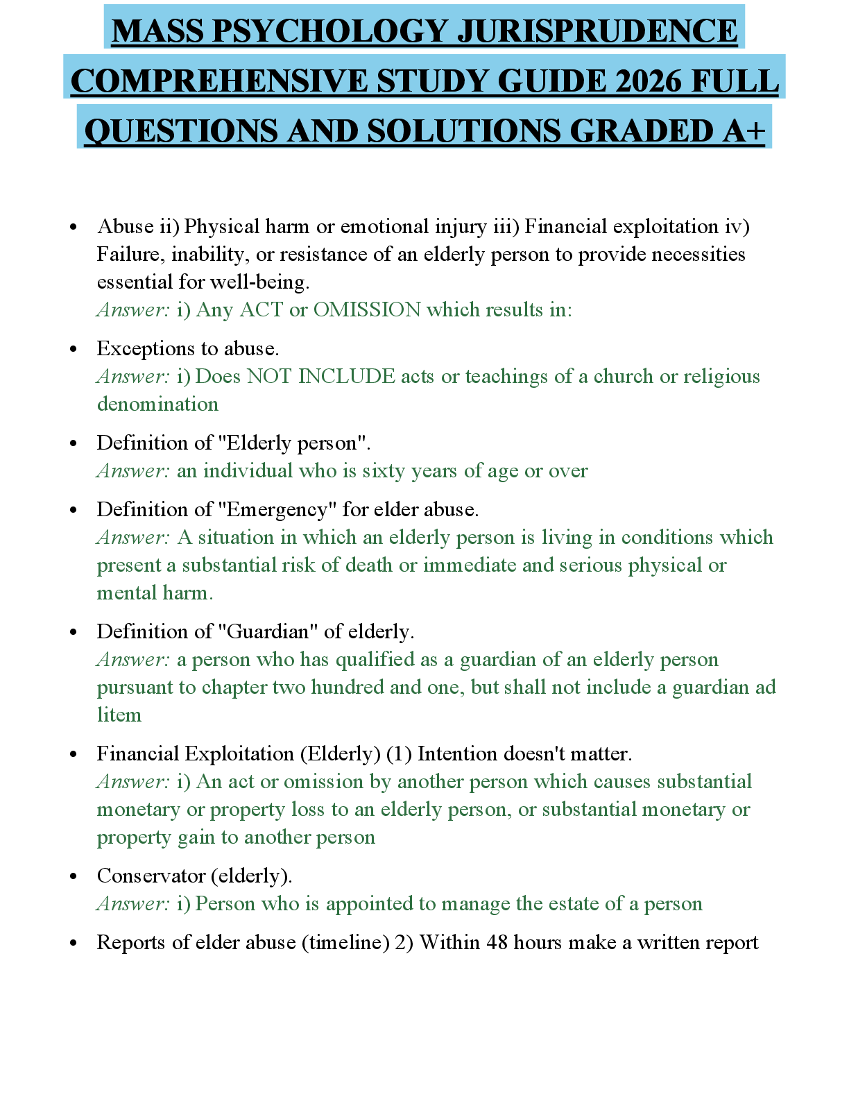 Recommended document preview for MASS PSYCHOLOGY JURISPRUDENCE COMPREHENSIVE STUDY GUIDE 2026 FULL QUESTIONS AND SOLUTIONS GRADED A+