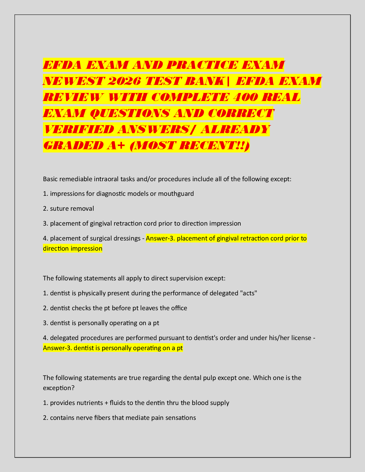 Recommended document preview for EFDA EXAM AND PRACTICE EXAM  NEWEST 2026 TEST BANK| EFDA EXAM  REVIEW WITH COMPLETE 400 REAL  EXAM QUESTIONS AND CORRECT  VERIFIED ANSWERS/ ALREADY  GRADED A+ (MOST RECENT!!)